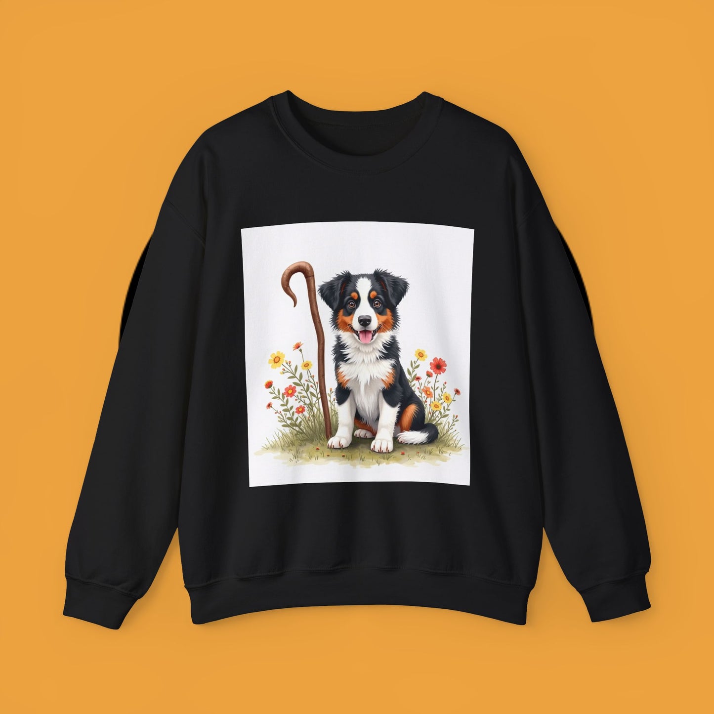 Border Collie Puppy Shepherd's Crook Crewneck Sweatshirt - Pastoral Dog Art | Farm Life Gift