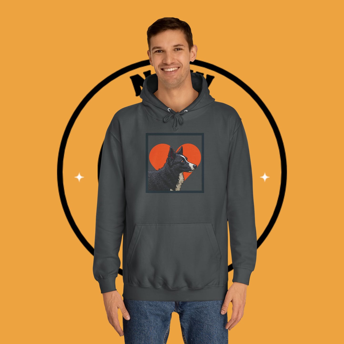 "Black & White Border Collie Portrait Hoodie - Bold Red Heart Background Dog Lover Sweatshirt | Premium Art Design"