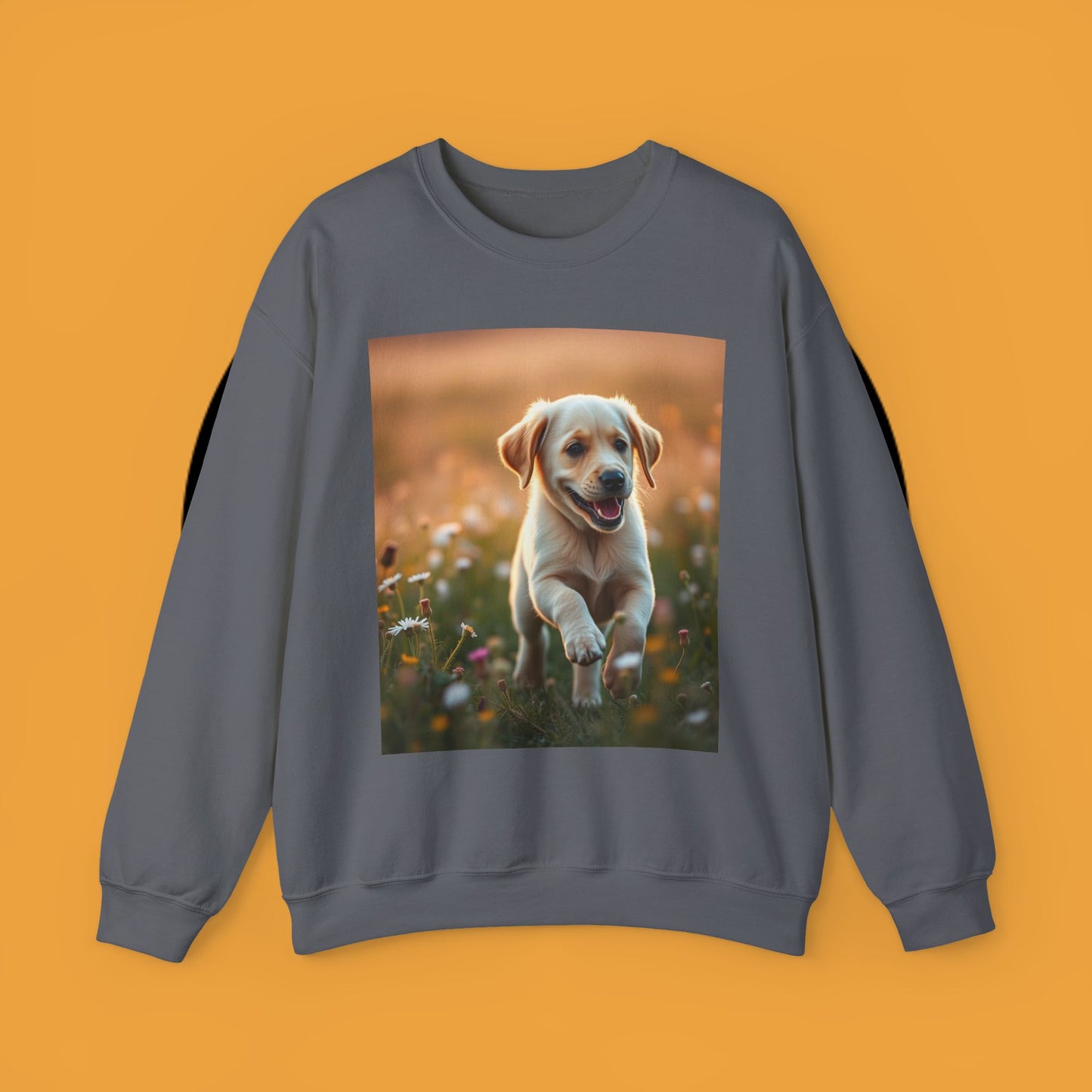 Unisex Dog Lover Crewneck Sweatshirt - Playful Labrador Puppy Running Through Wildflower Meadow