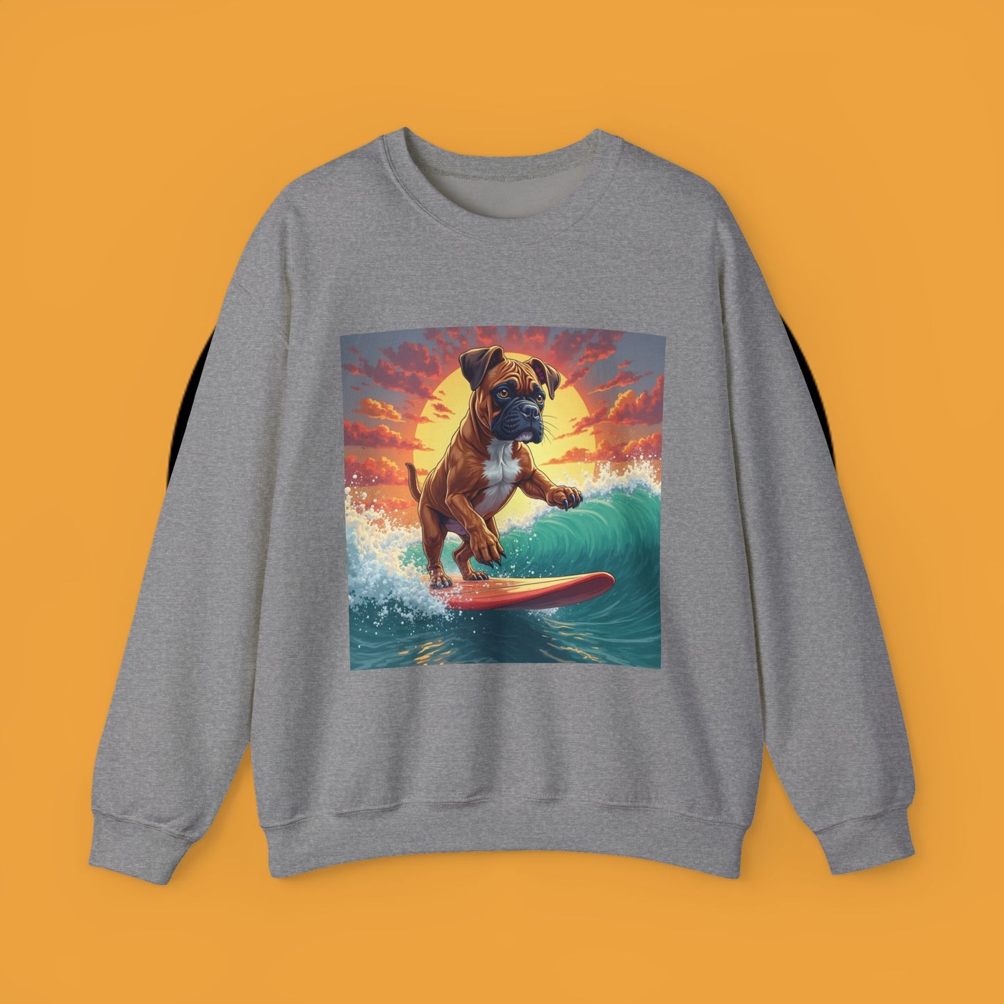 Surfing Boxer Dog Crewneck Sweatshirt | Funny Beach Surfer Gift | Epic Wave Riding Pup Design