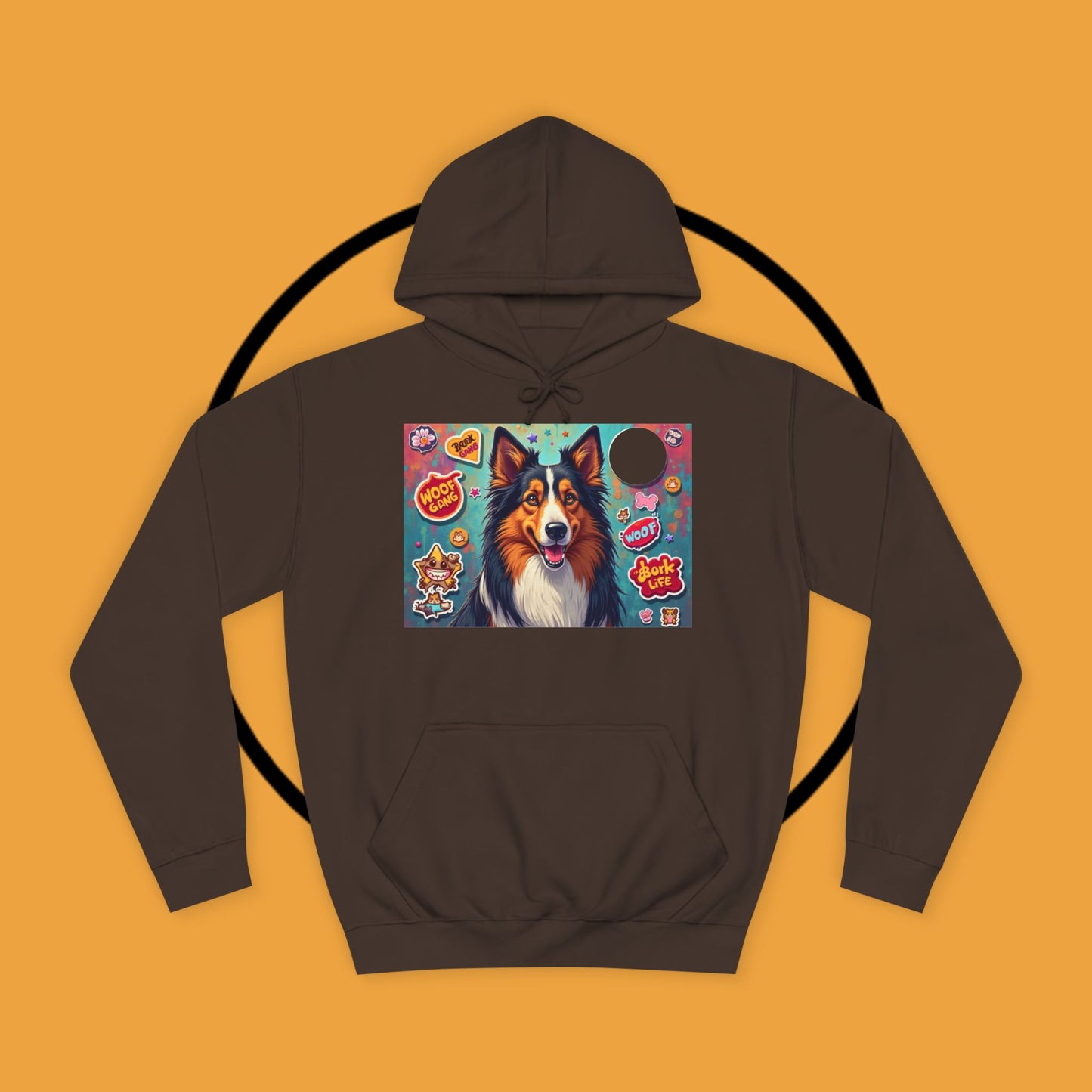 "Dog Sticker Pack Hoodie - Vibrant Collie with Fun Dog Patches Design | Millennial Pet Lover Streetwear"