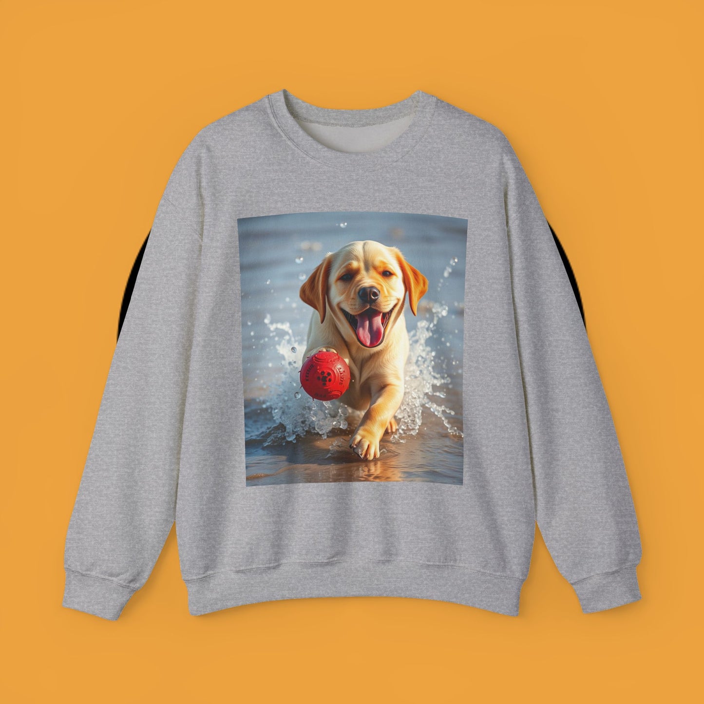 Unisex Dog Lover Crewneck Sweatshirt Labrador Puppy Playing with a Ball on the Beach - Photo of a Happy Dog Running in the Water