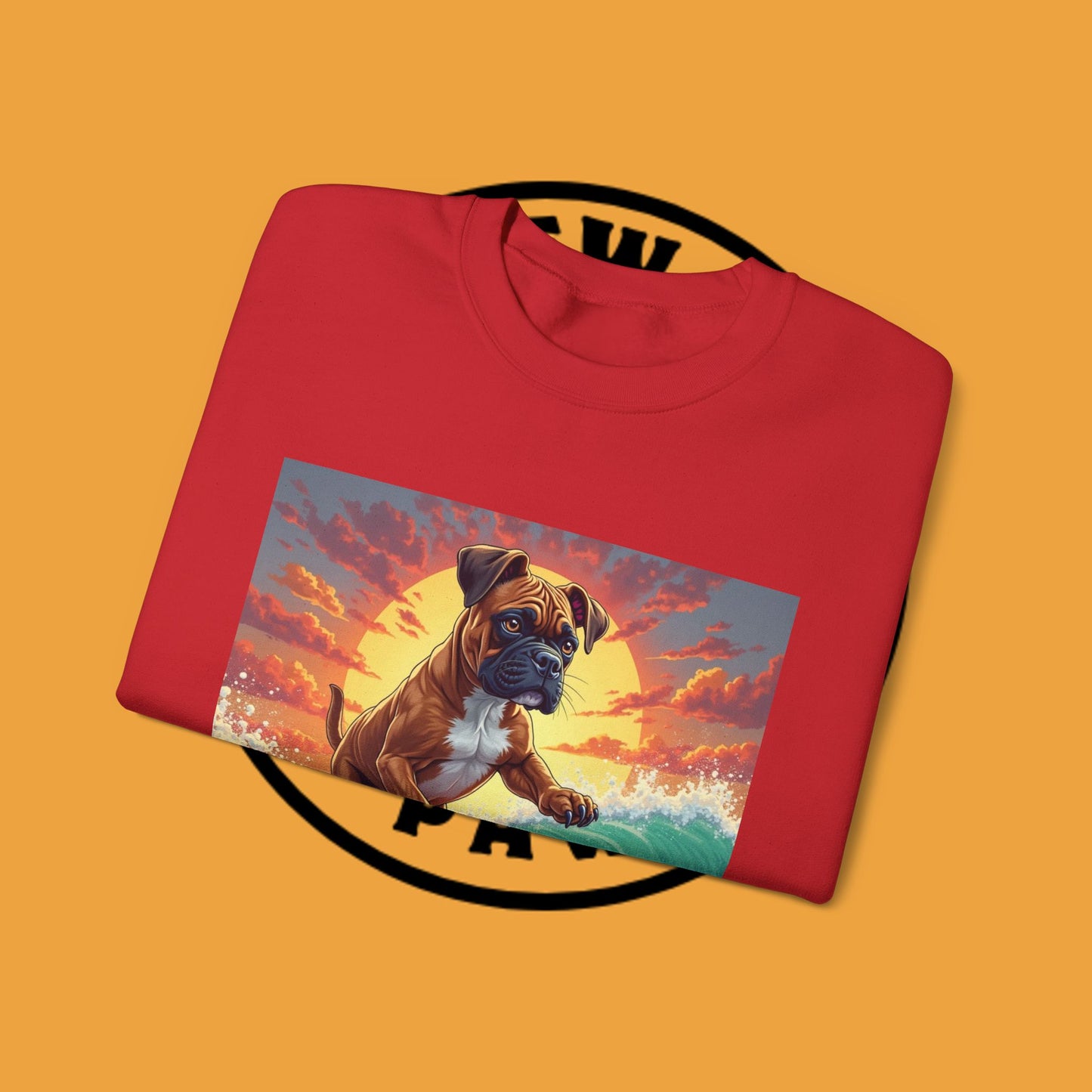 Surfing Boxer Dog Crewneck Sweatshirt | Funny Beach Surfer Gift | Epic Wave Riding Pup Design