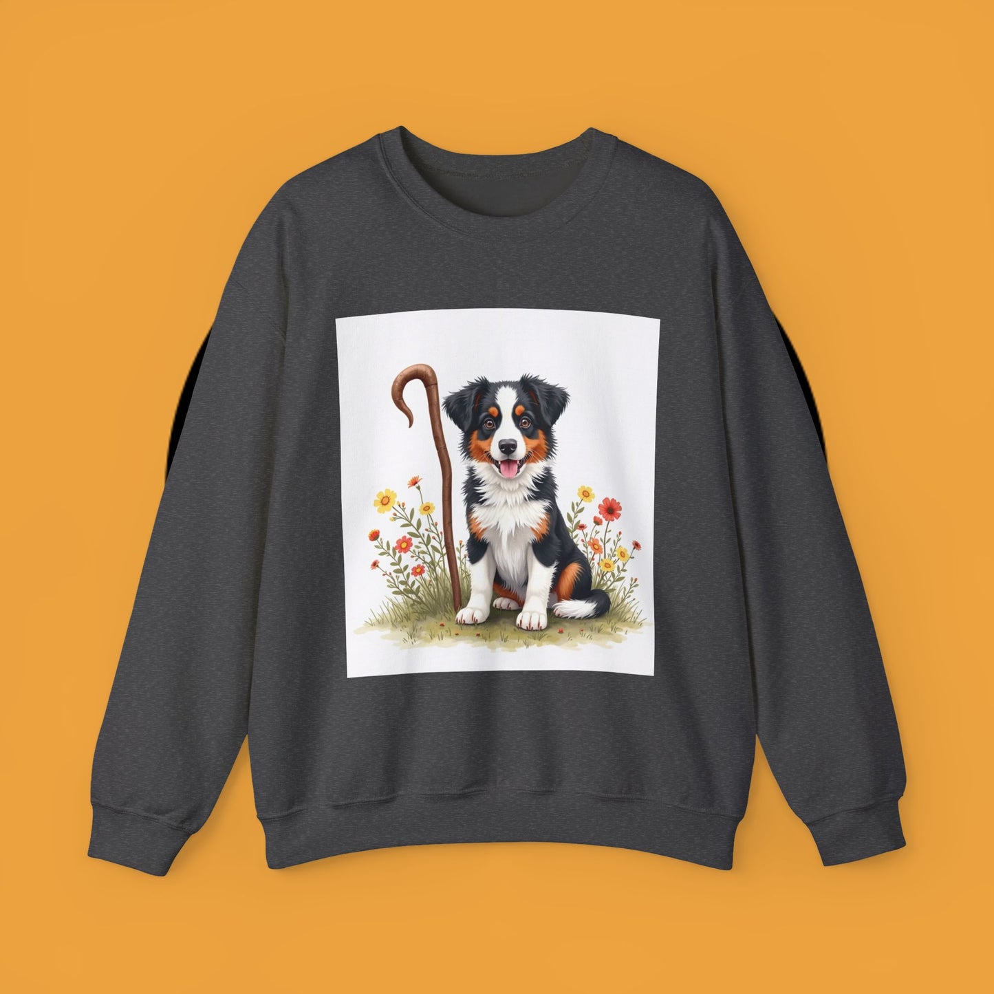 Border Collie Puppy Shepherd's Crook Crewneck Sweatshirt - Pastoral Dog Art | Farm Life Gift
