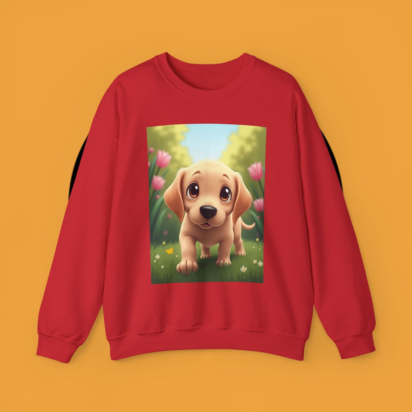 Adorable Golden Retriever Puppy in a Garden with Flowers - Cute Puppy Photo kawaii style