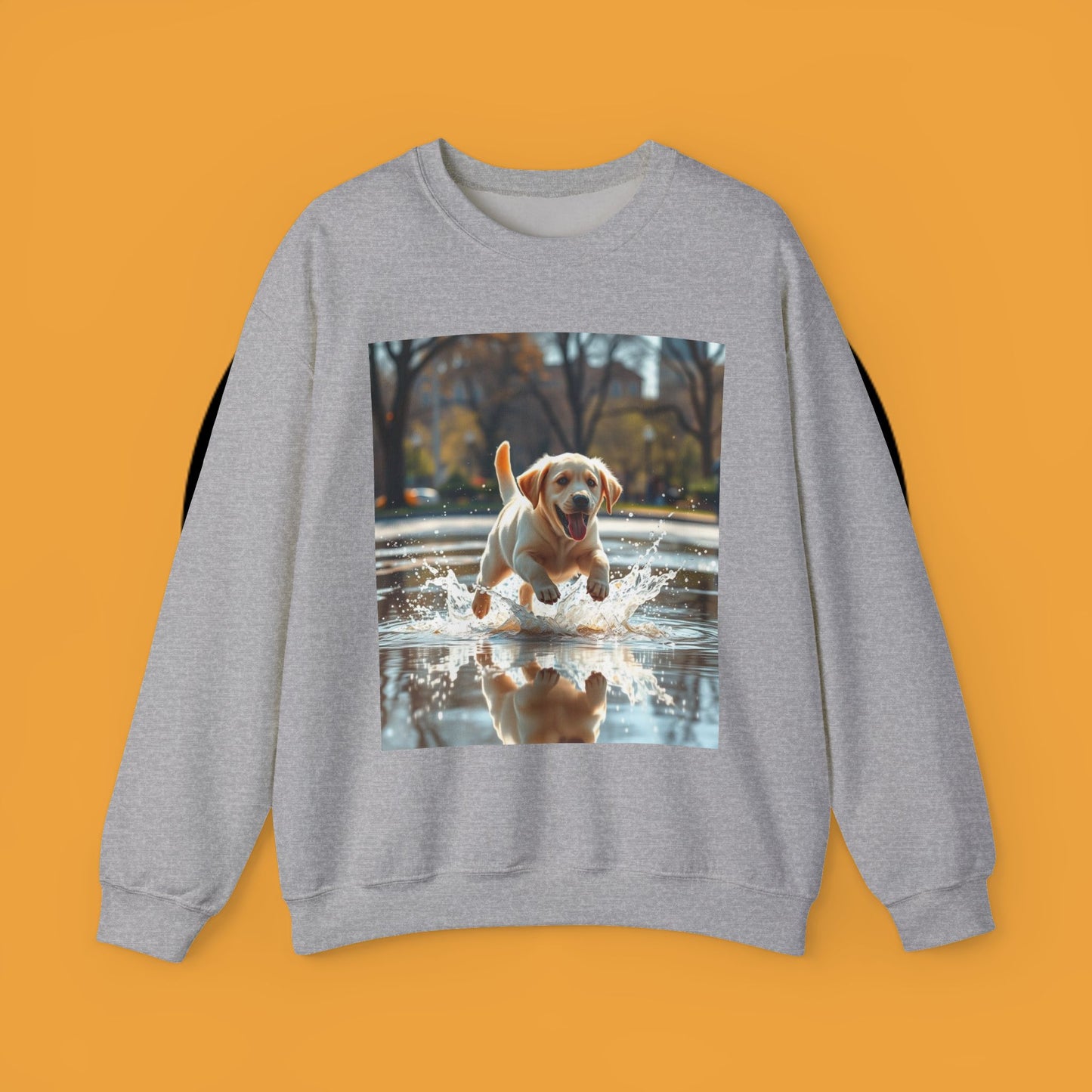 Unisex Dog Lover Crewneck Sweatshirt -Labrador Puppy Running in Water - Happy Dog Splashing in Puddle