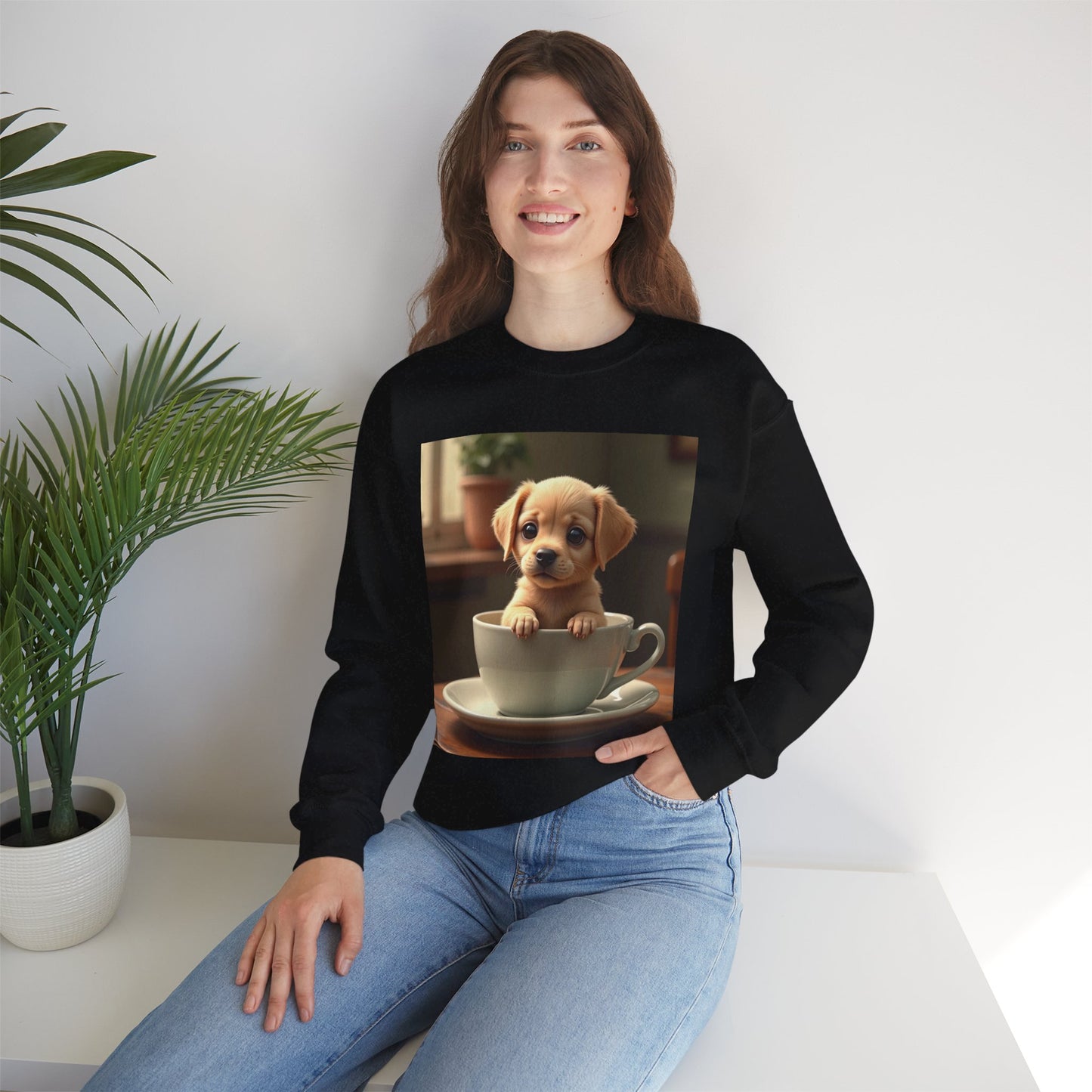 Unisex Dog Lover Crewneck Sweatshirt - Teacup Puppy: Adorable Yellow Lab in Coffee Cup