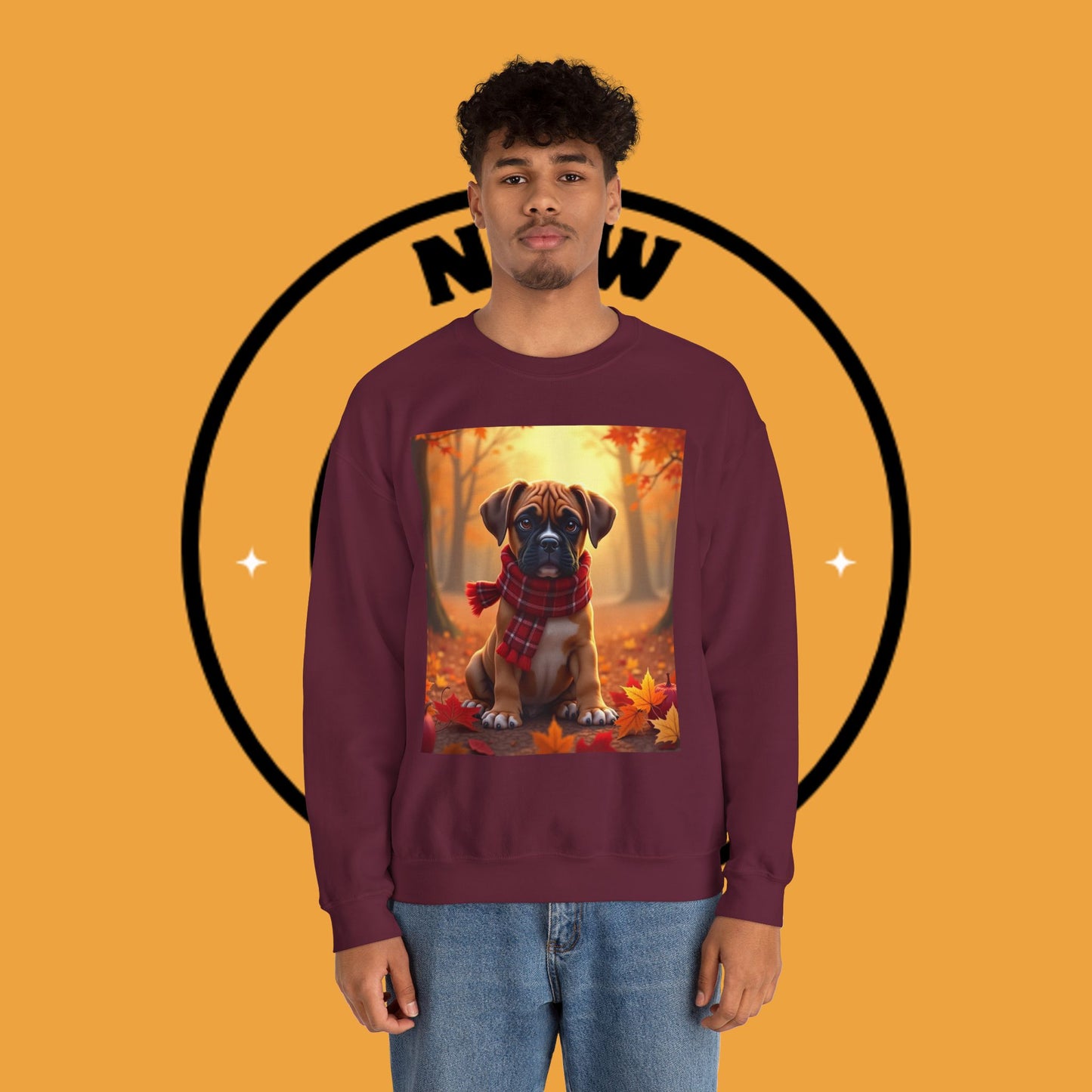 Cute Boxer Puppy Autumn Crewneck Sweatshirt | Fall Dog Lover Gift | Cozy Plaid Scarf Design