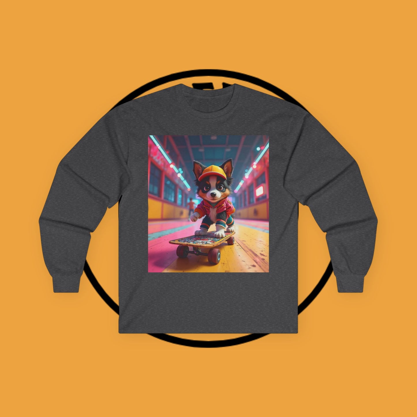 "Cool Skateboarding Puppy Long Sleeve Tee - Urban Street Art Dog Shirt - Cyberpunk Neon Skater Apparel"