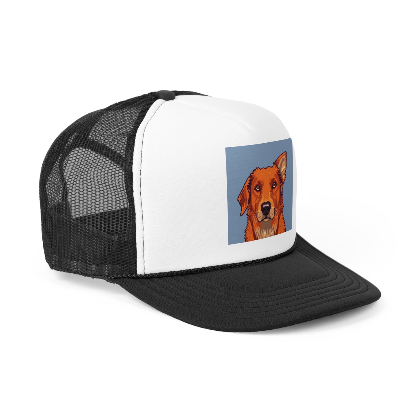 Pixel Art Dog Trucker Cap - Retro Gaming Golden Retriever Design - Unisex Adjustable Cap