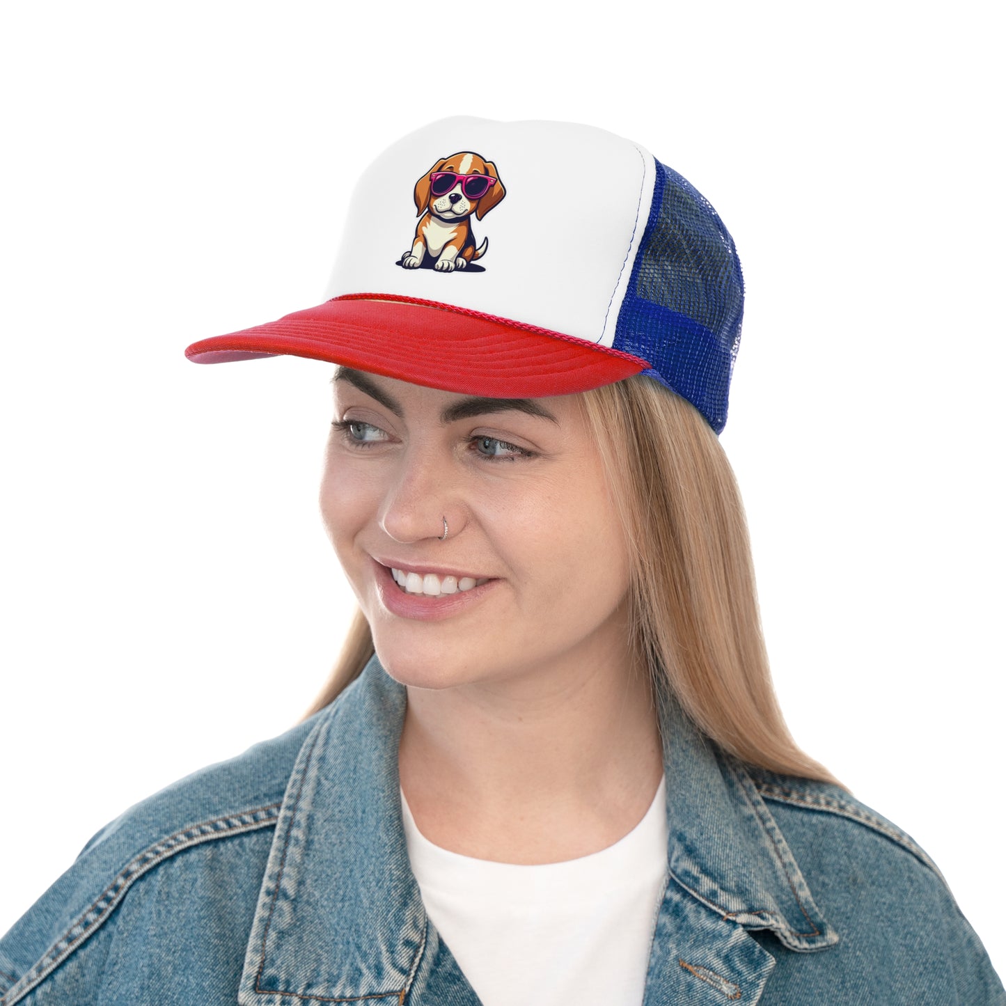 Cool Beagle Dog with Pink Sunglasses Trucker Hat | Adjustable Mesh Back Baseball Hat - Adorable Dog Lover Unisex Cap