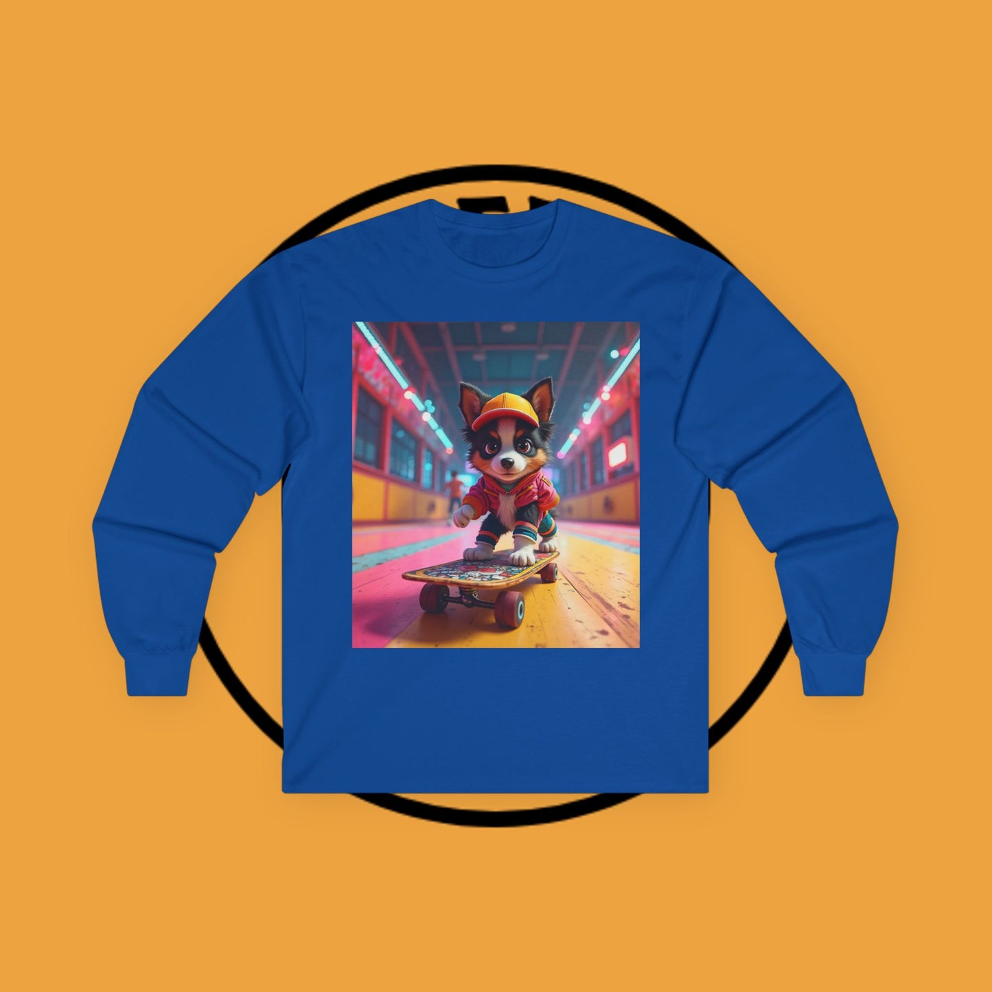"Cool Skateboarding Puppy Long Sleeve Tee - Urban Street Art Dog Shirt - Cyberpunk Neon Skater Apparel"