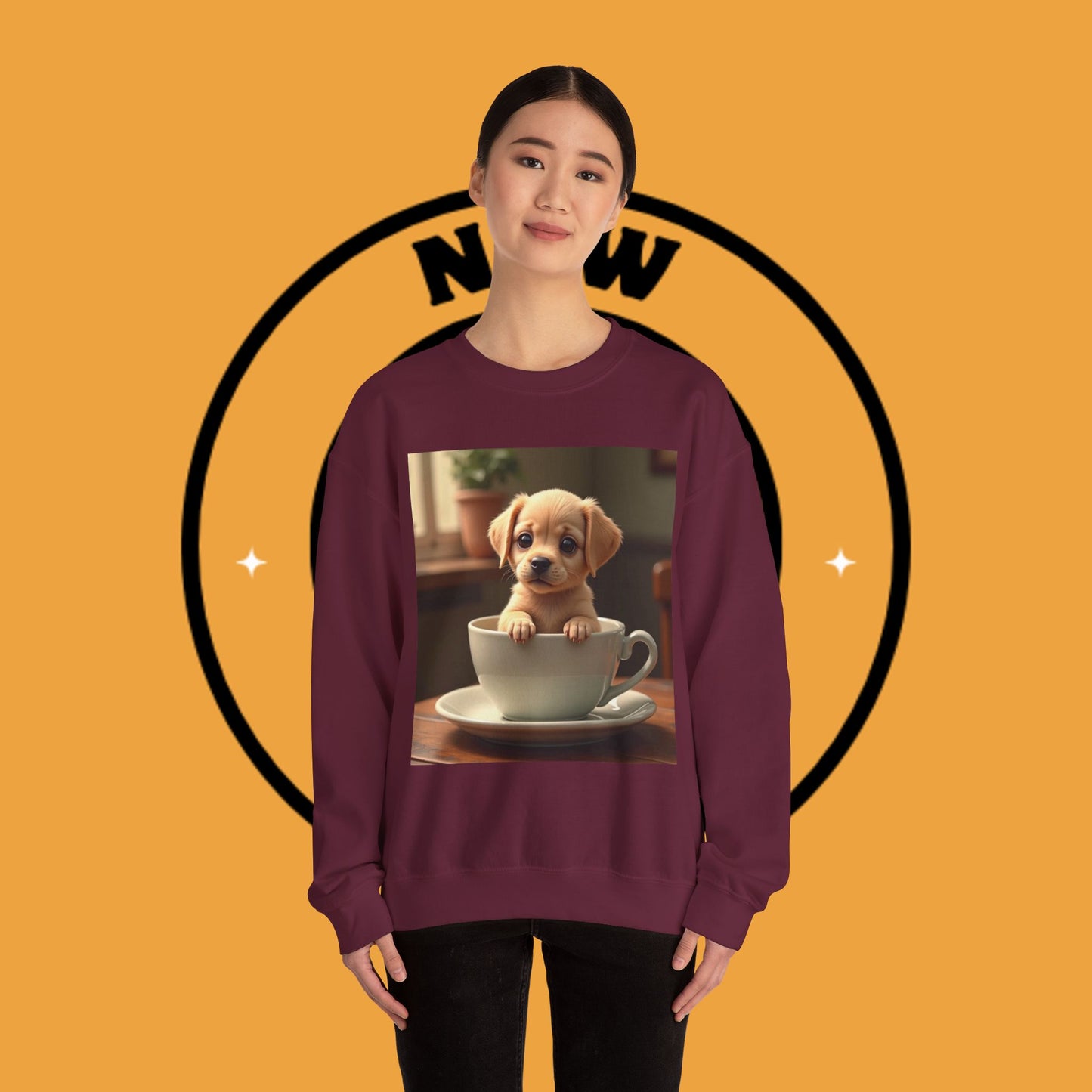 Unisex Dog Lover Crewneck Sweatshirt - Teacup Puppy: Adorable Yellow Lab in Coffee Cup