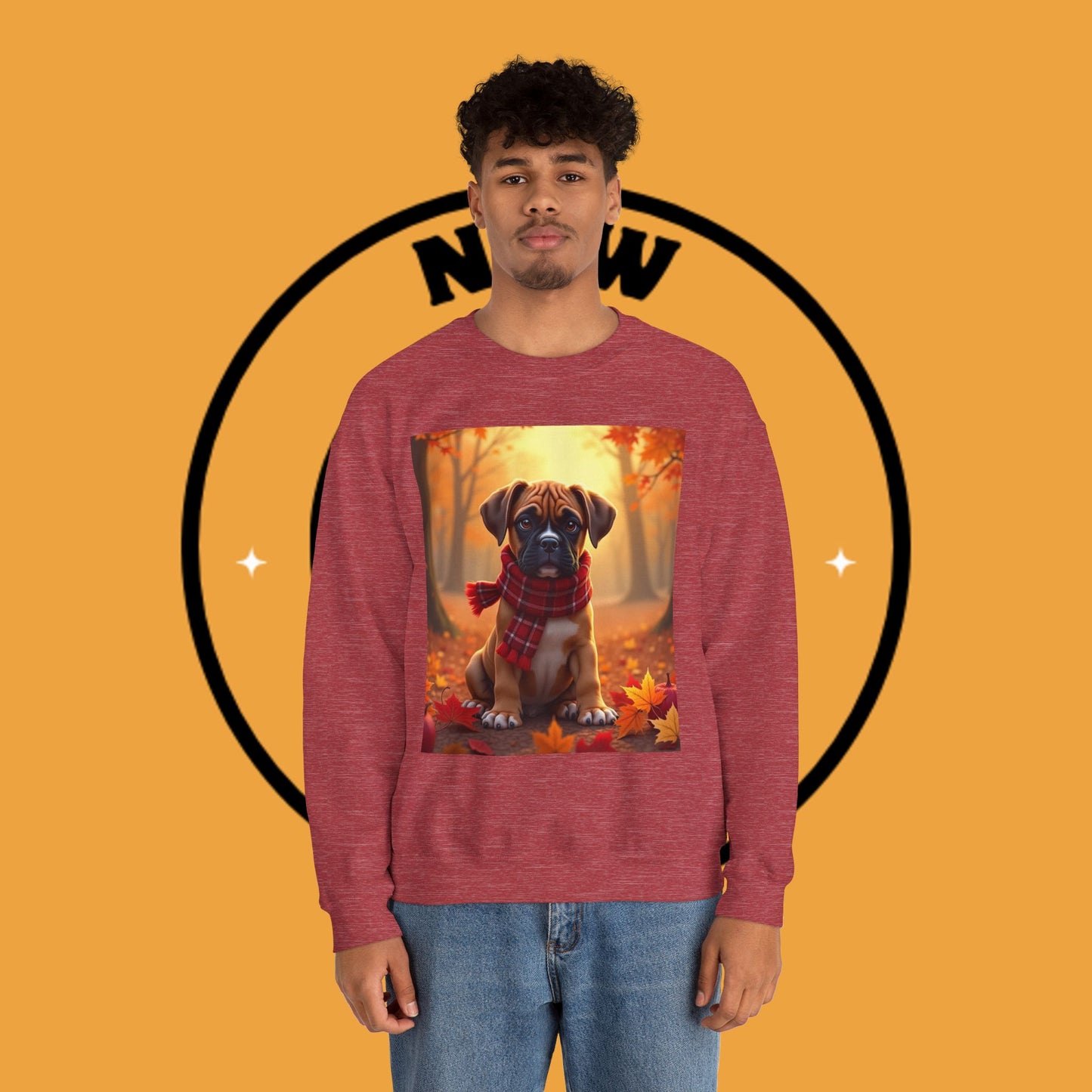 Cute Boxer Puppy Autumn Crewneck Sweatshirt | Fall Dog Lover Gift | Cozy Plaid Scarf Design