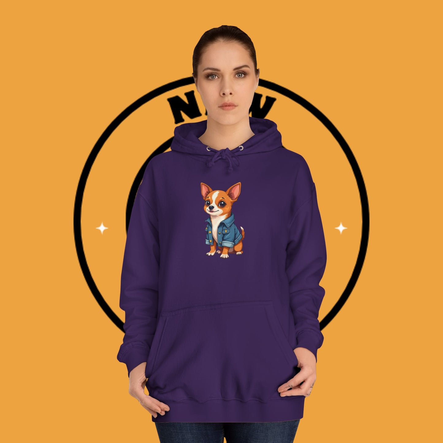 "Adorable Chihuahua in Denim Jacket Hoodie | Cute Dog Lover Gift | Premium Pet Fashion Streetwear"