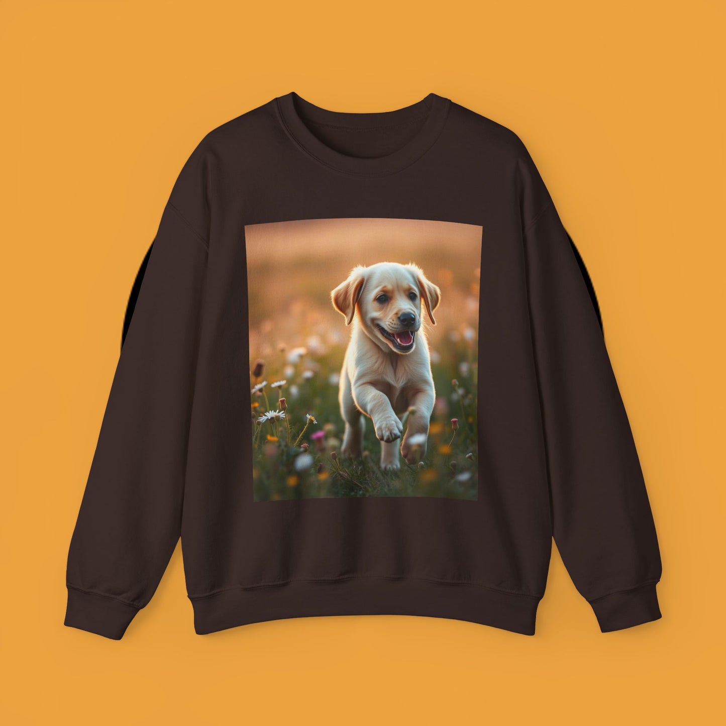 Unisex Dog Lover Crewneck Sweatshirt - Playful Labrador Puppy Running Through Wildflower Meadow