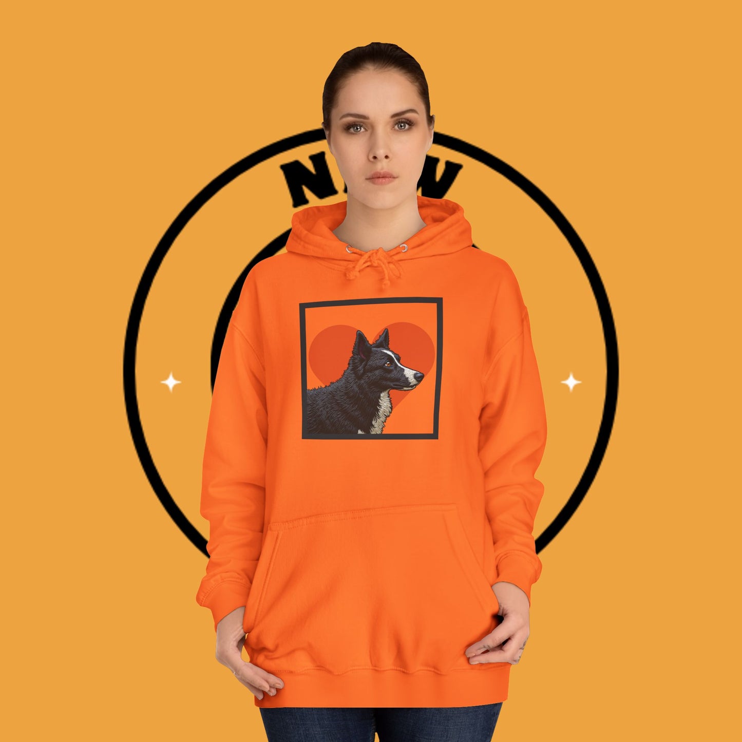 "Black & White Border Collie Portrait Hoodie - Bold Red Heart Background Dog Lover Sweatshirt | Premium Art Design"