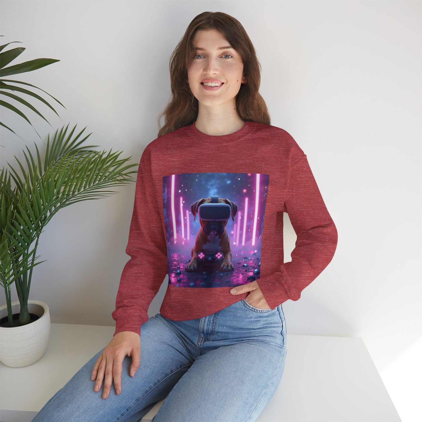 VR Gaming Boxer Dog Crewneck Sweatshirt | Funny Gamer Gift | Virtual Reality Puppy Design