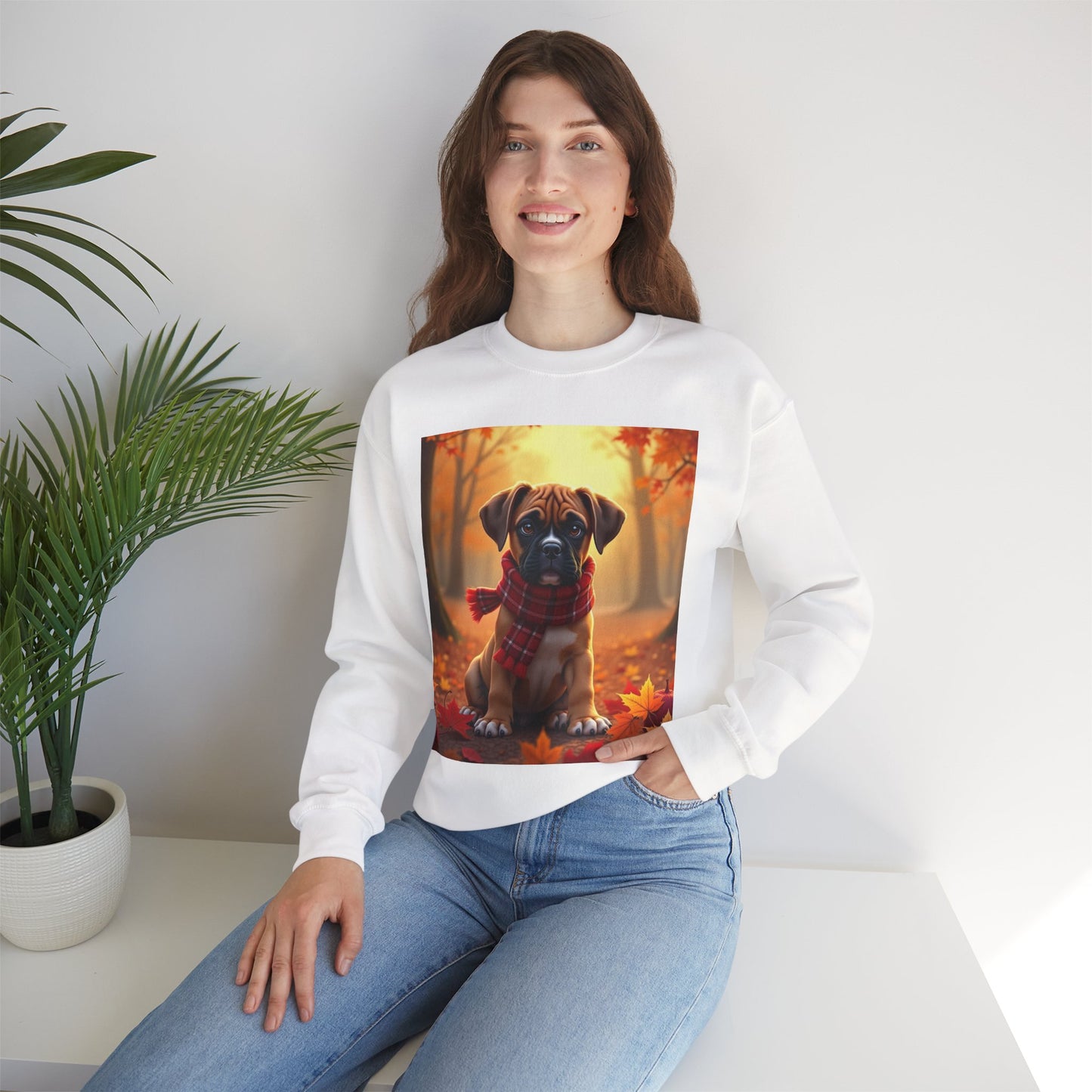 Cute Boxer Puppy Autumn Crewneck Sweatshirt | Fall Dog Lover Gift | Cozy Plaid Scarf Design