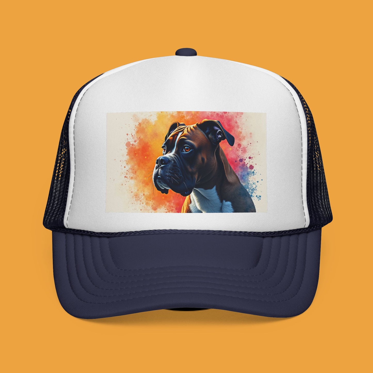 "Watercolor Sunset Boxer Dog Trucker Cap - Artistic Profile Design | Premium Snapback Hat | Fine Art Streetwear for Dog Lovers"
