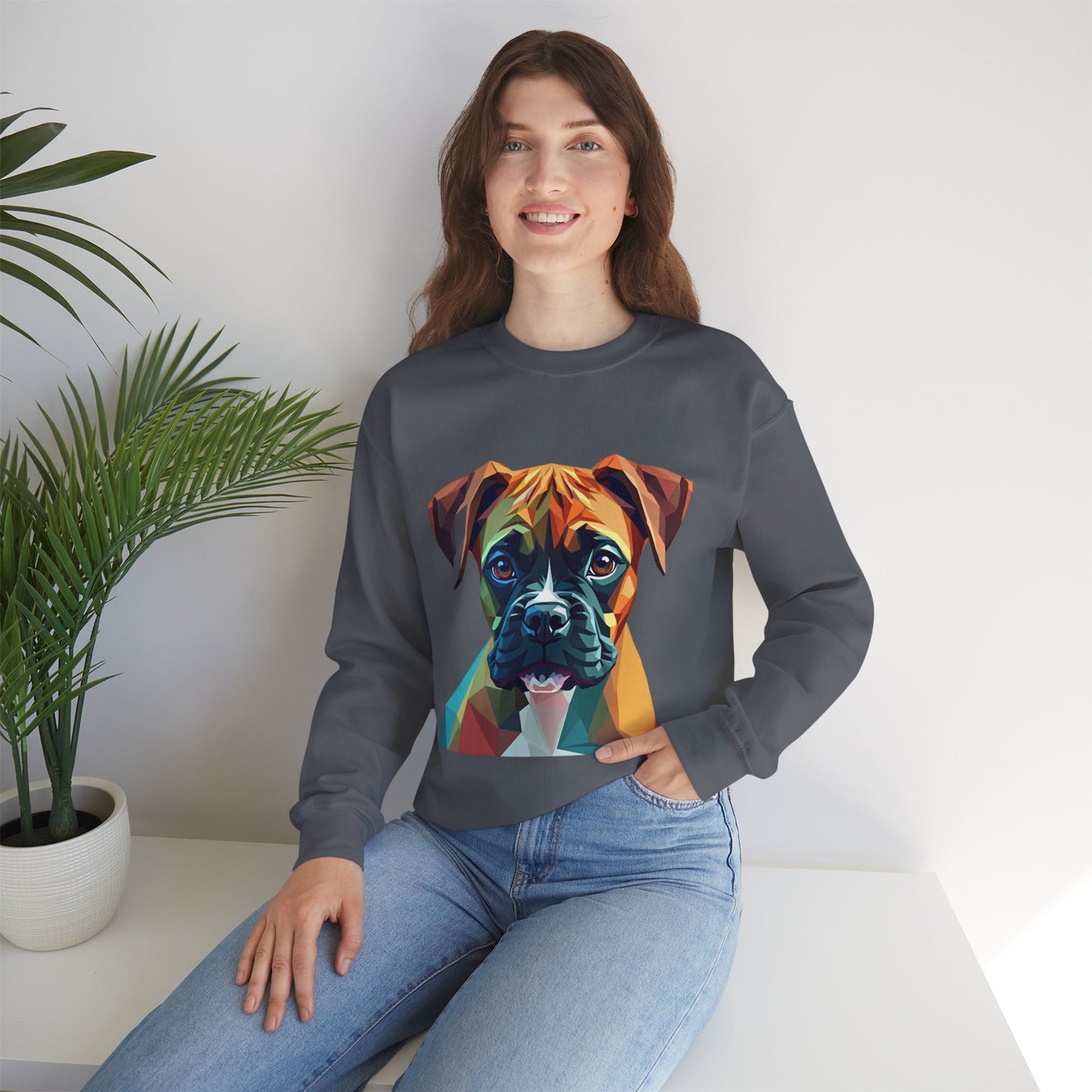 Geometric Boxer Dog Crewneck Sweatshirt - Polygon Art Pet Portrait - Modern Design Lover Gift