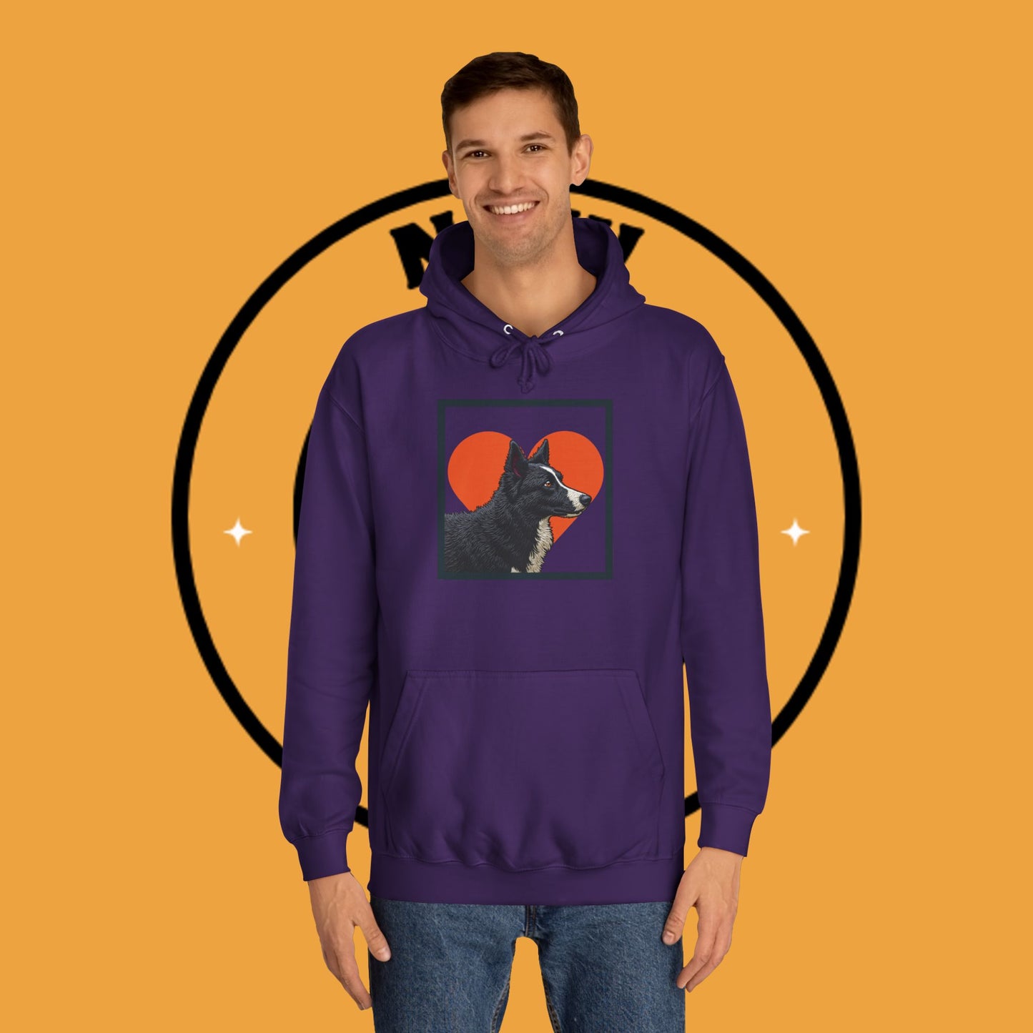 "Black & White Border Collie Portrait Hoodie - Bold Red Heart Background Dog Lover Sweatshirt | Premium Art Design"