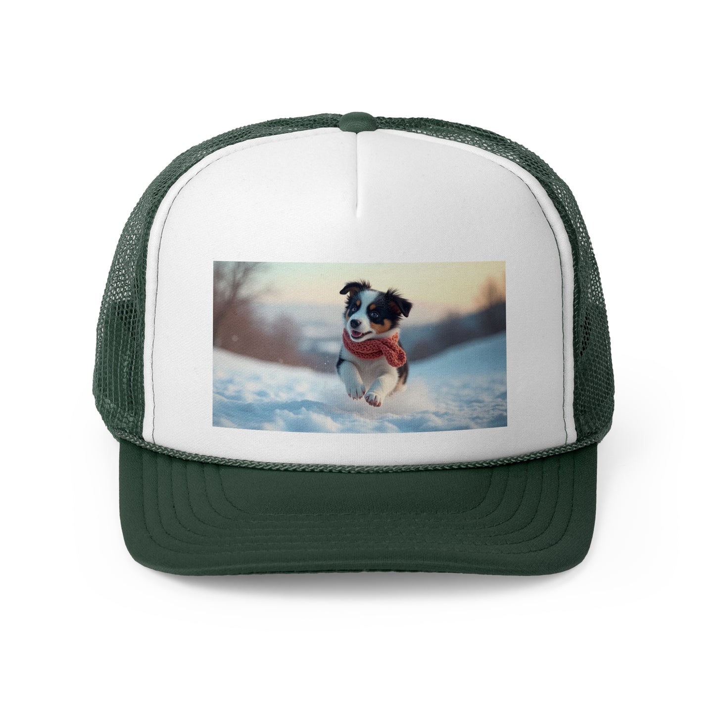 Winter Puppy Trucker Hat - Cozy Dog in Snow Cap - Adorable Scarf Puppy Baseball Hat