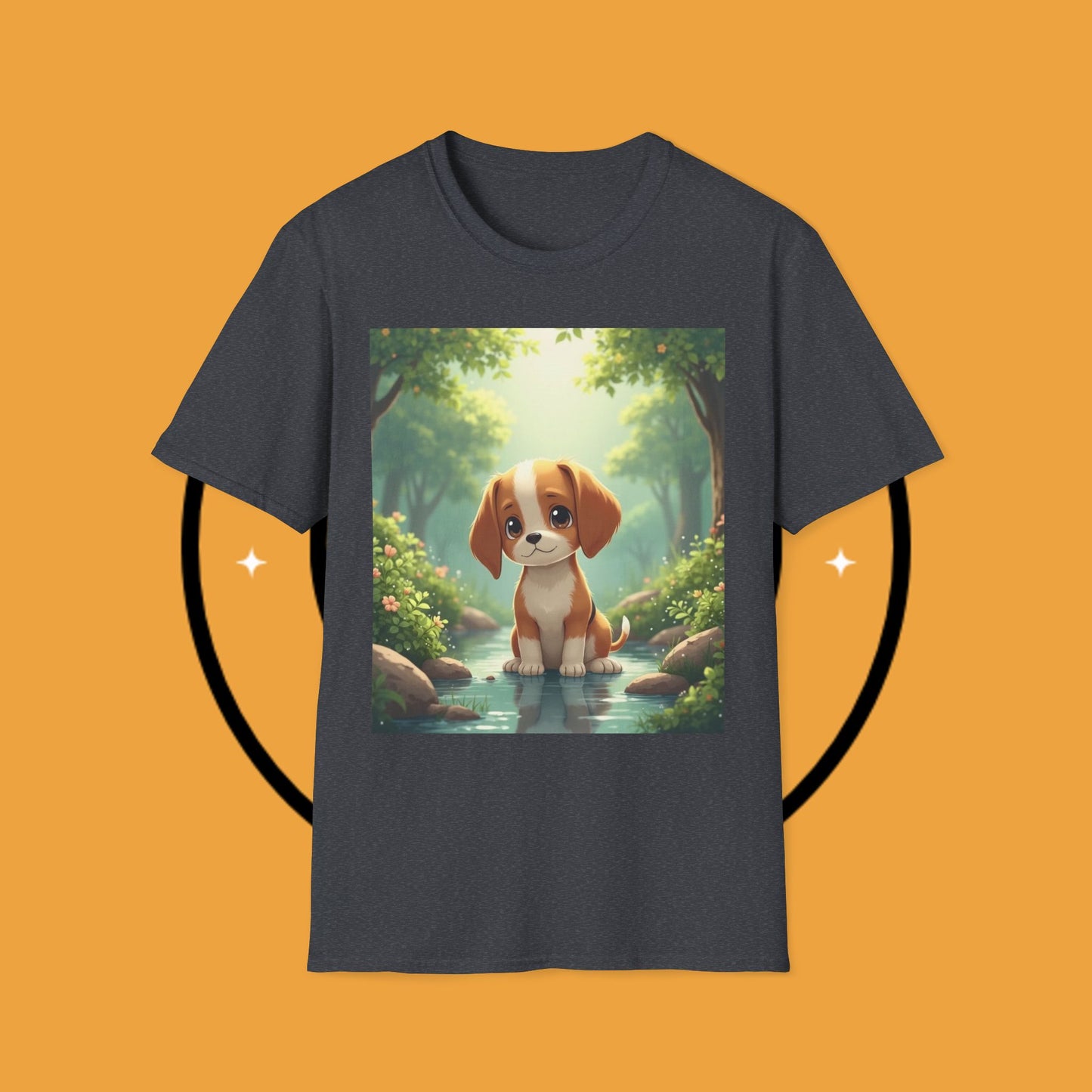 Magical Forest Beagle Puppy T-Shirt - Enchanted Nature Scene with Adorable Dog Design
