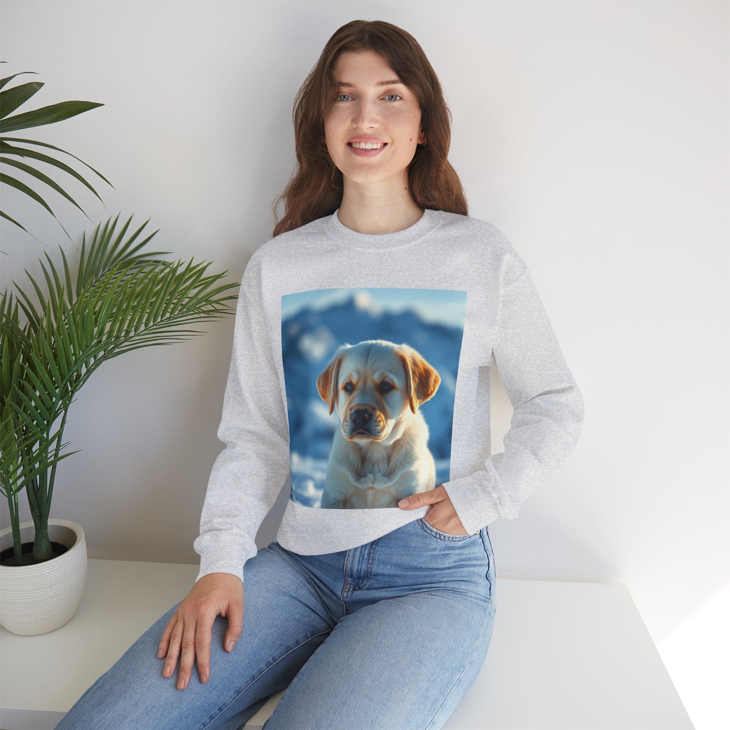 Crewneck Sweatshirt - Cute Labrador Puppy with Blue Eyes - Adorable Dog Portrait in Snow