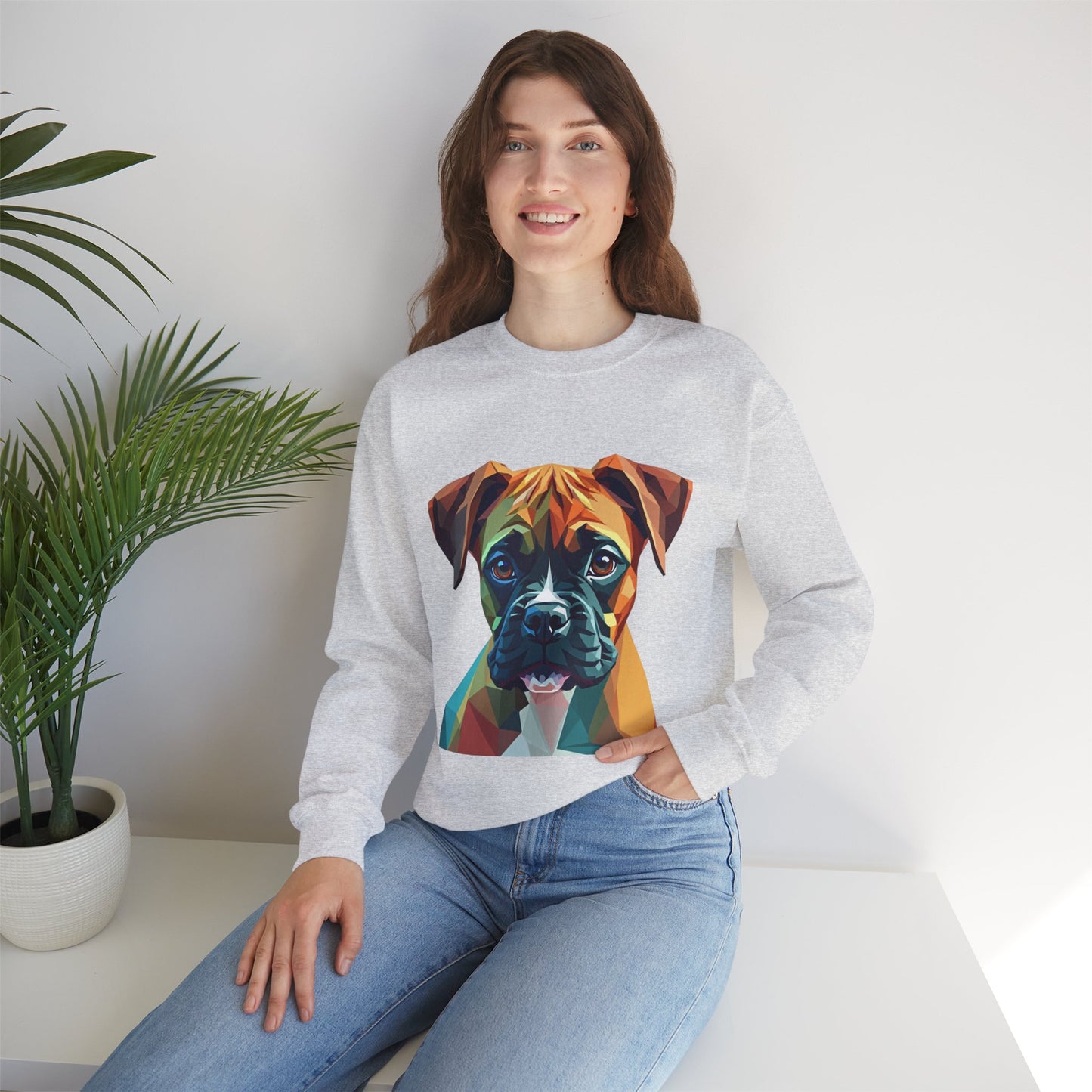 Geometric Boxer Dog Crewneck Sweatshirt - Polygon Art Pet Portrait - Modern Design Lover Gift
