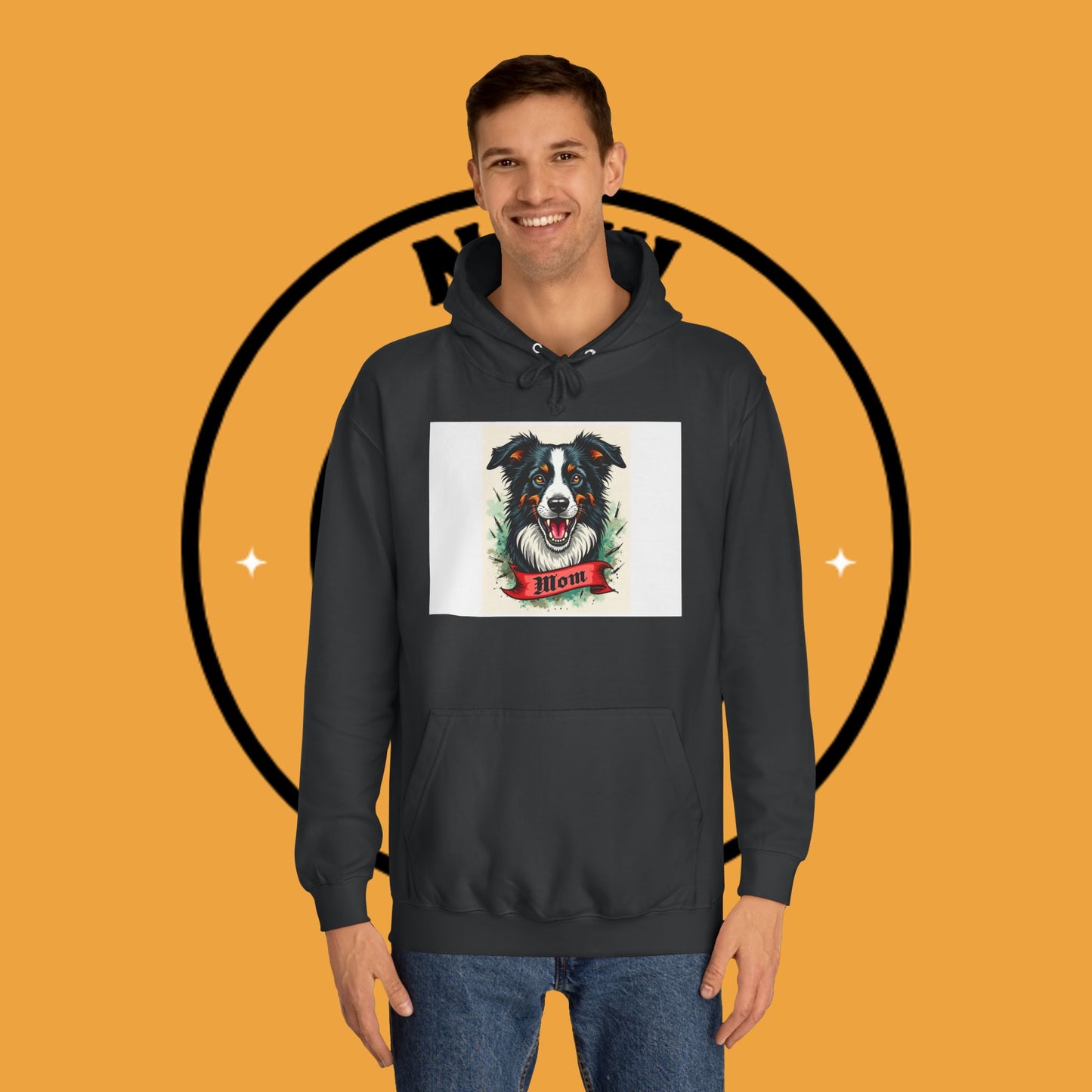 "Border Collie Mom Tattoo Style Hoodie - Vintage Dog Mother Banner Design Sweatshirt | Bold Statement Wear"