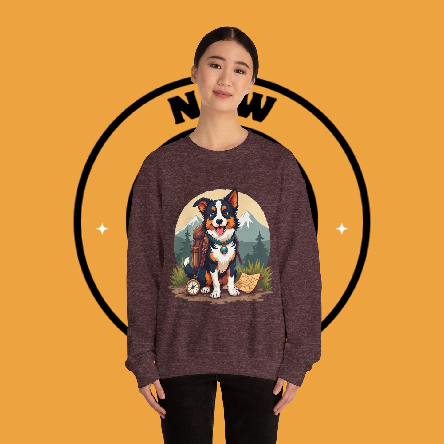 Adventure Dog Hiking Crewneck Sweatshirt - Mountain Explorer Border Collie Design | Outdoor Lover Gift