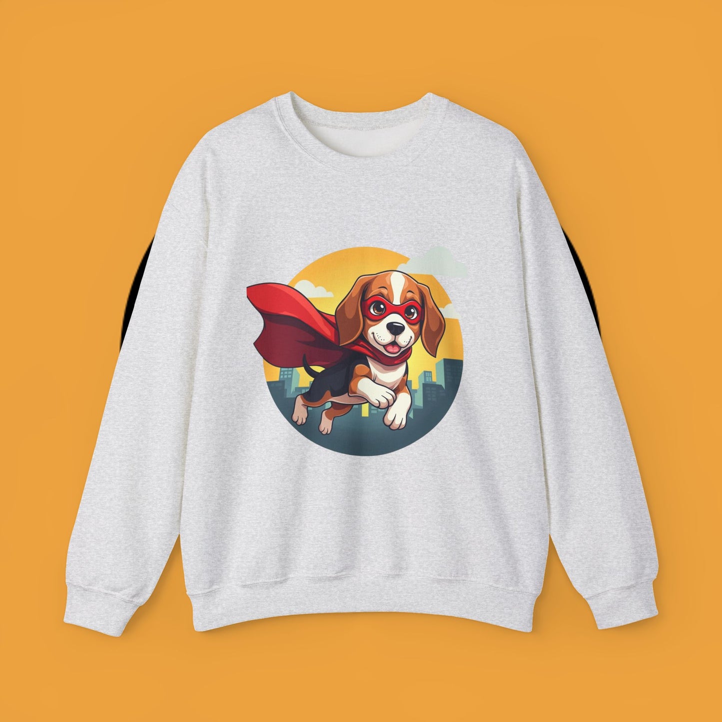 Superhero Dog Crewneck Sweatshirt - Flying Beagle Design with Red Cape and Mask