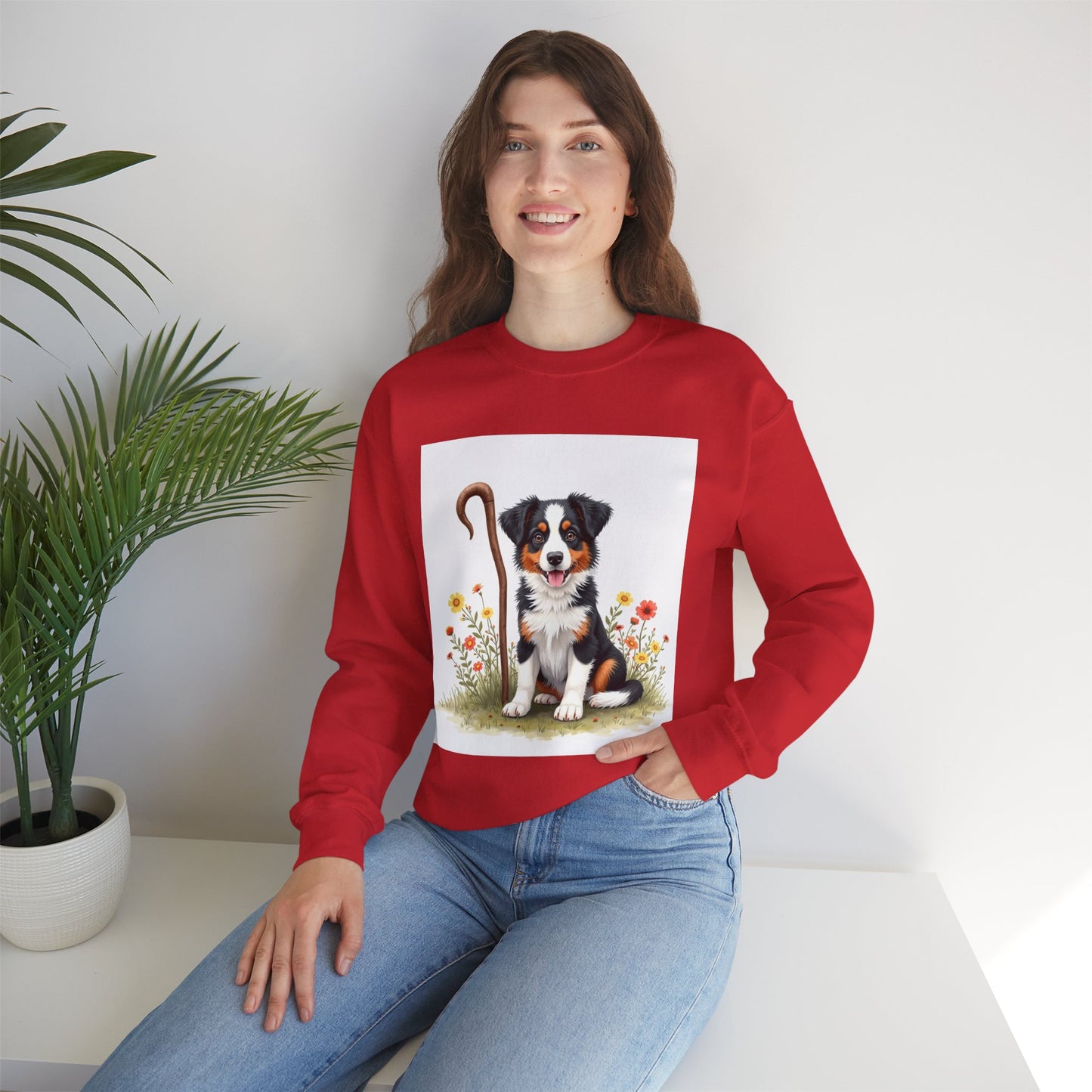 Border Collie Puppy Shepherd's Crook Crewneck Sweatshirt - Pastoral Dog Art | Farm Life Gift