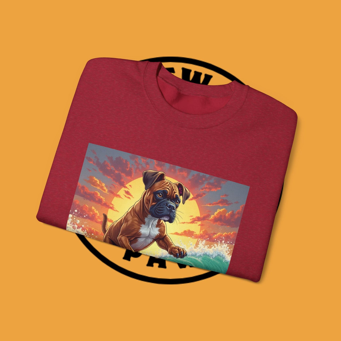 Surfing Boxer Dog Crewneck Sweatshirt | Funny Beach Surfer Gift | Epic Wave Riding Pup Design