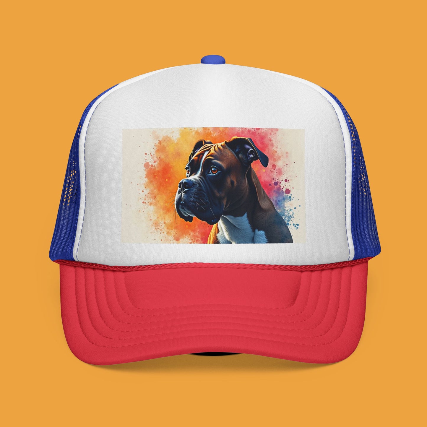 "Watercolor Sunset Boxer Dog Trucker Cap - Artistic Profile Design | Premium Snapback Hat | Fine Art Streetwear for Dog Lovers"