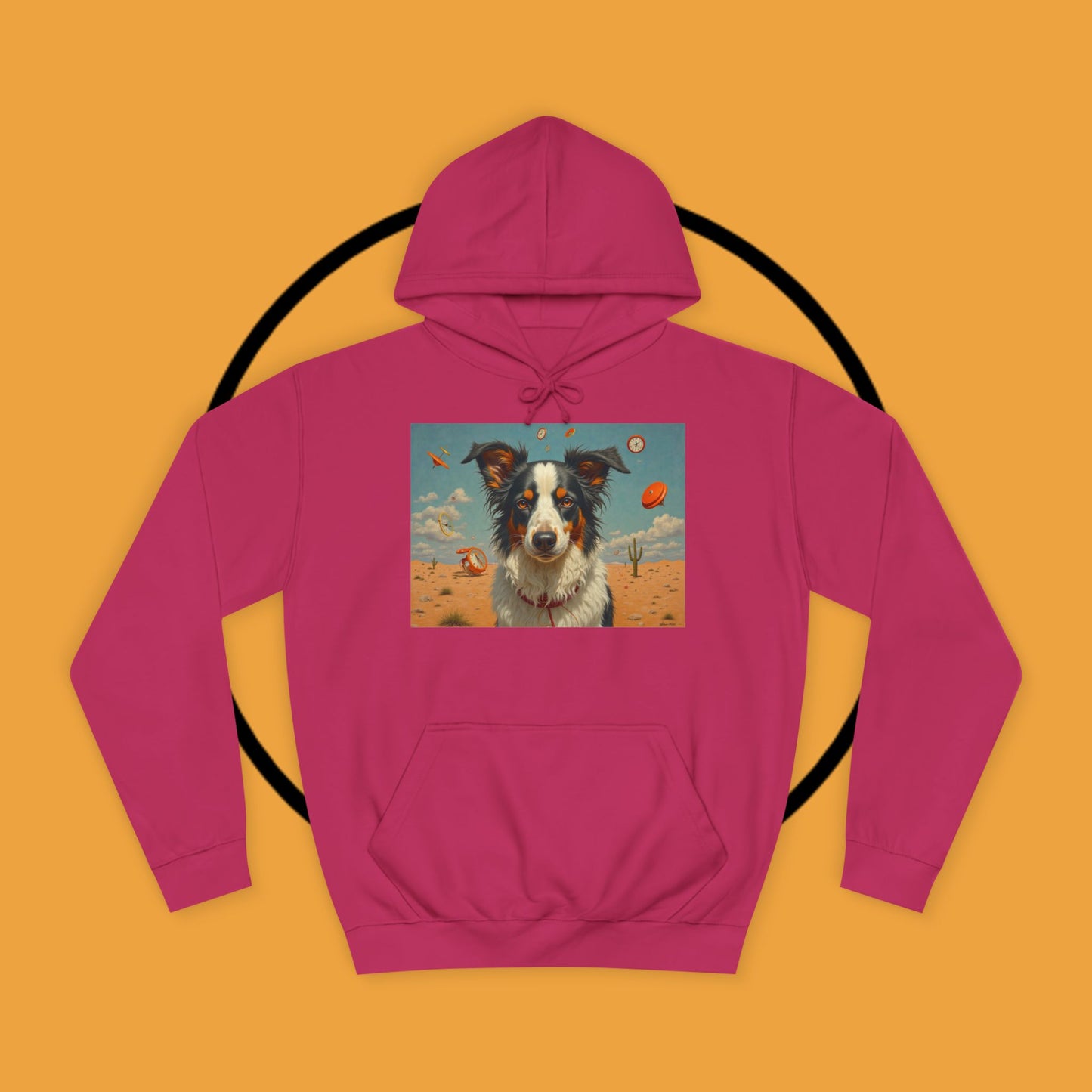 "Surreal Border Collie Time Desert Hoodie - Flying Clocks Artistic Dog Sweatshirt | Dreamlike Fantasy Design"
