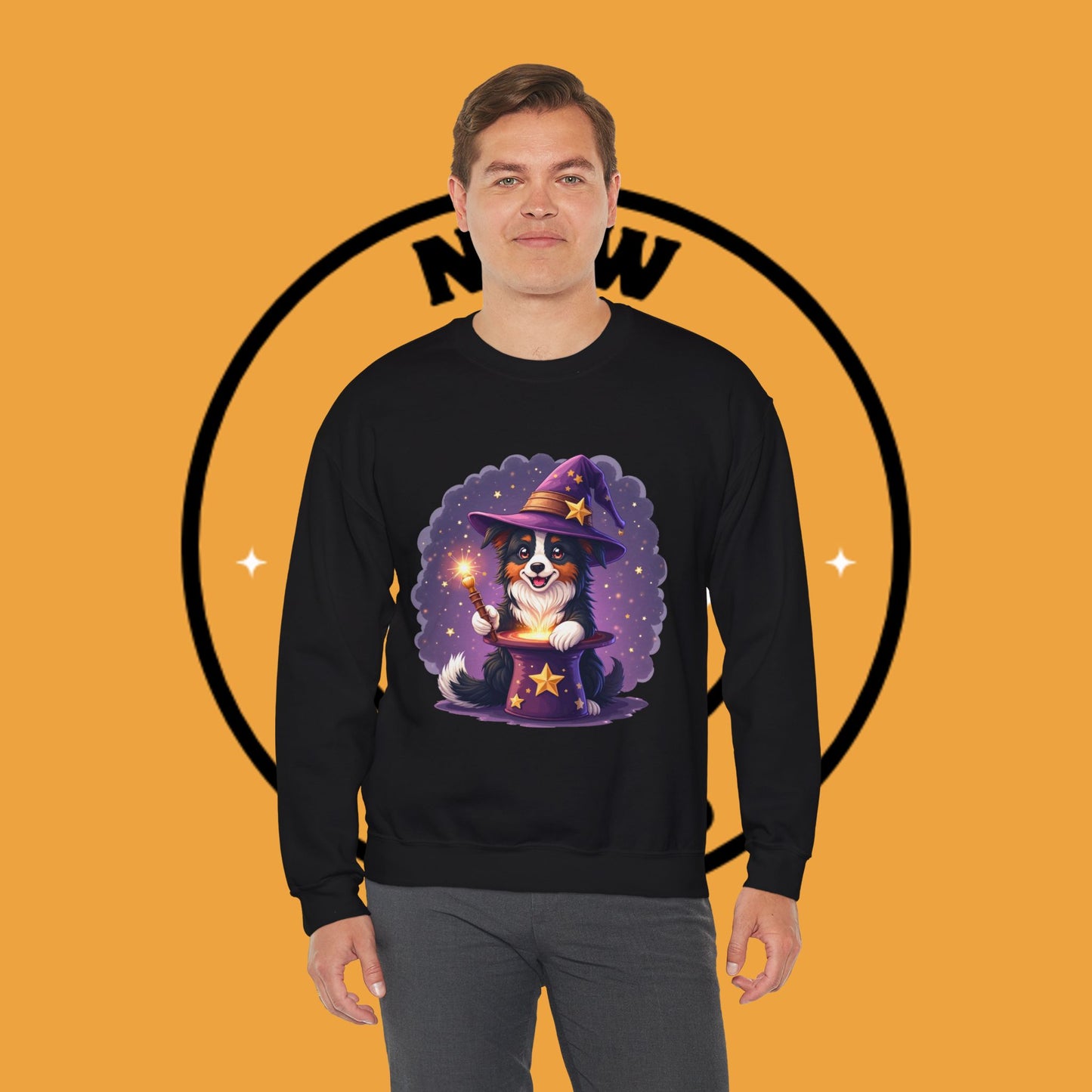Magical Wizard Dog Crewneck Sweatshirt - Adorable Puppy Magician with Hat & Wand | Fantasy Pet Lover Gift Tee