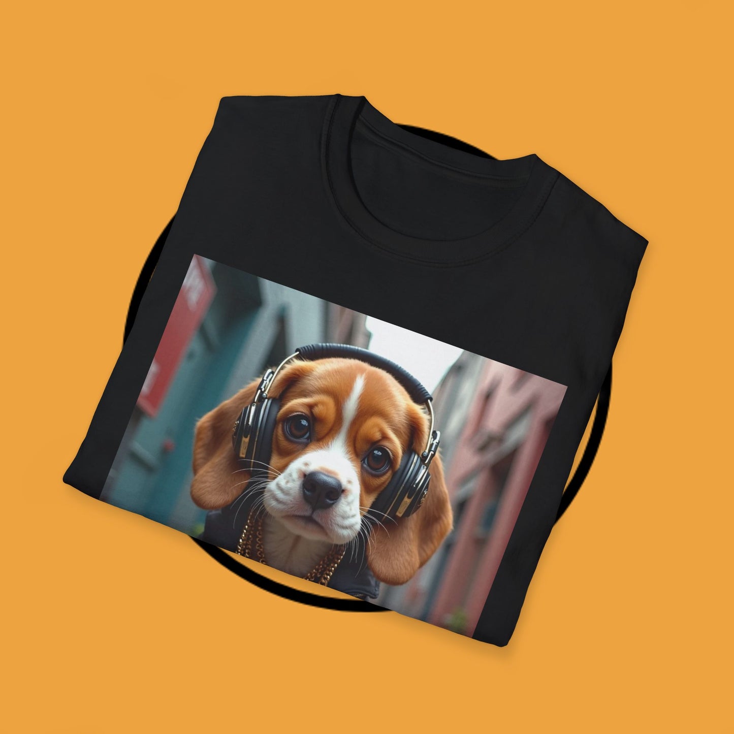Hip Hop Beagle Dog T-Shirt - Cool Puppy with Headphones & Gold Chains Graphic Tee