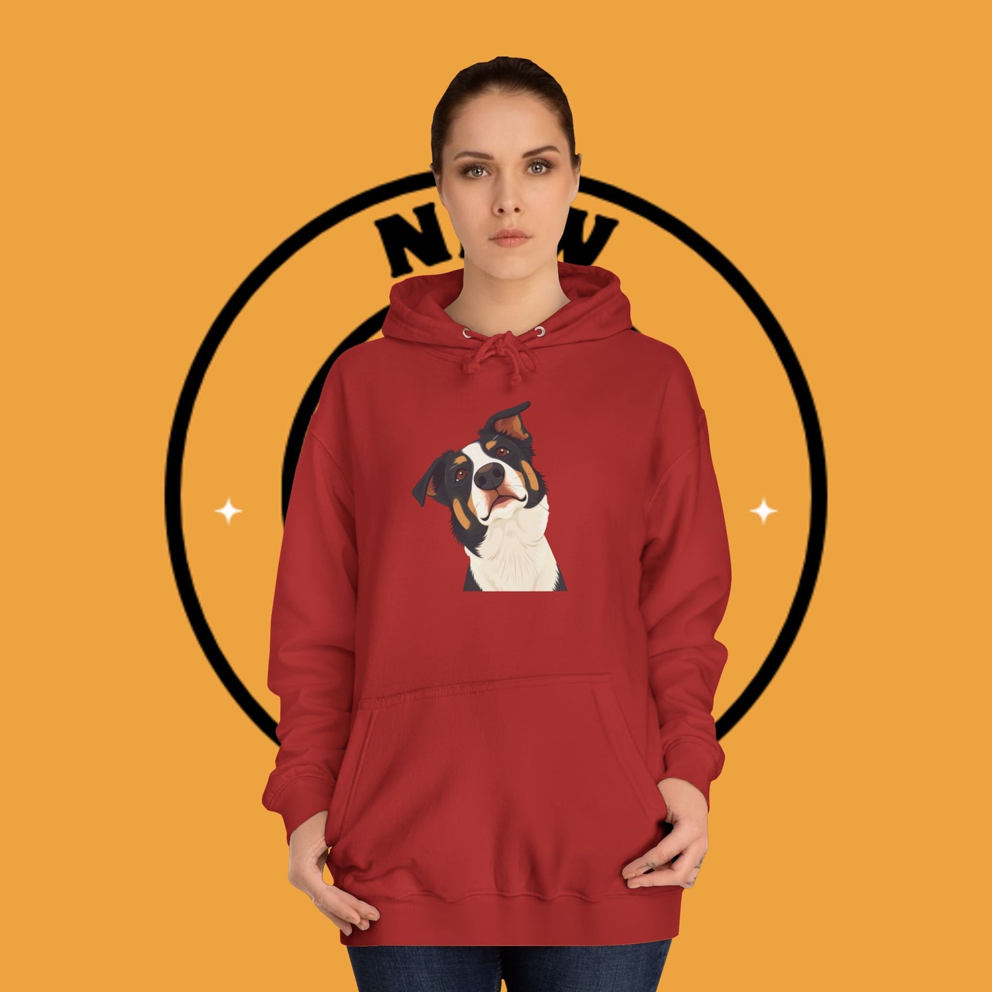 "Happy Border Collie Hoodie - Playful Cartoon Dog with Tilted Head Design | Cute Animal Streetwear"