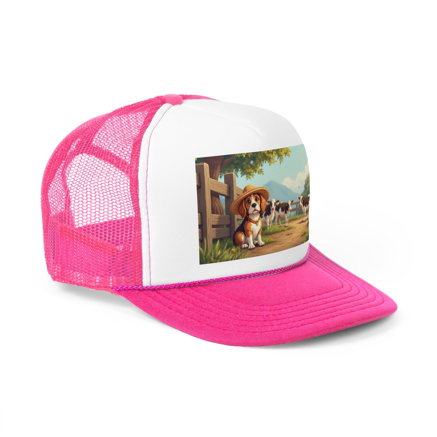 Farm Beagle with Straw Hat and Cows Trucker Hat - Country Dog Lover Cap - Adorable Dog Lover Unisex Cap