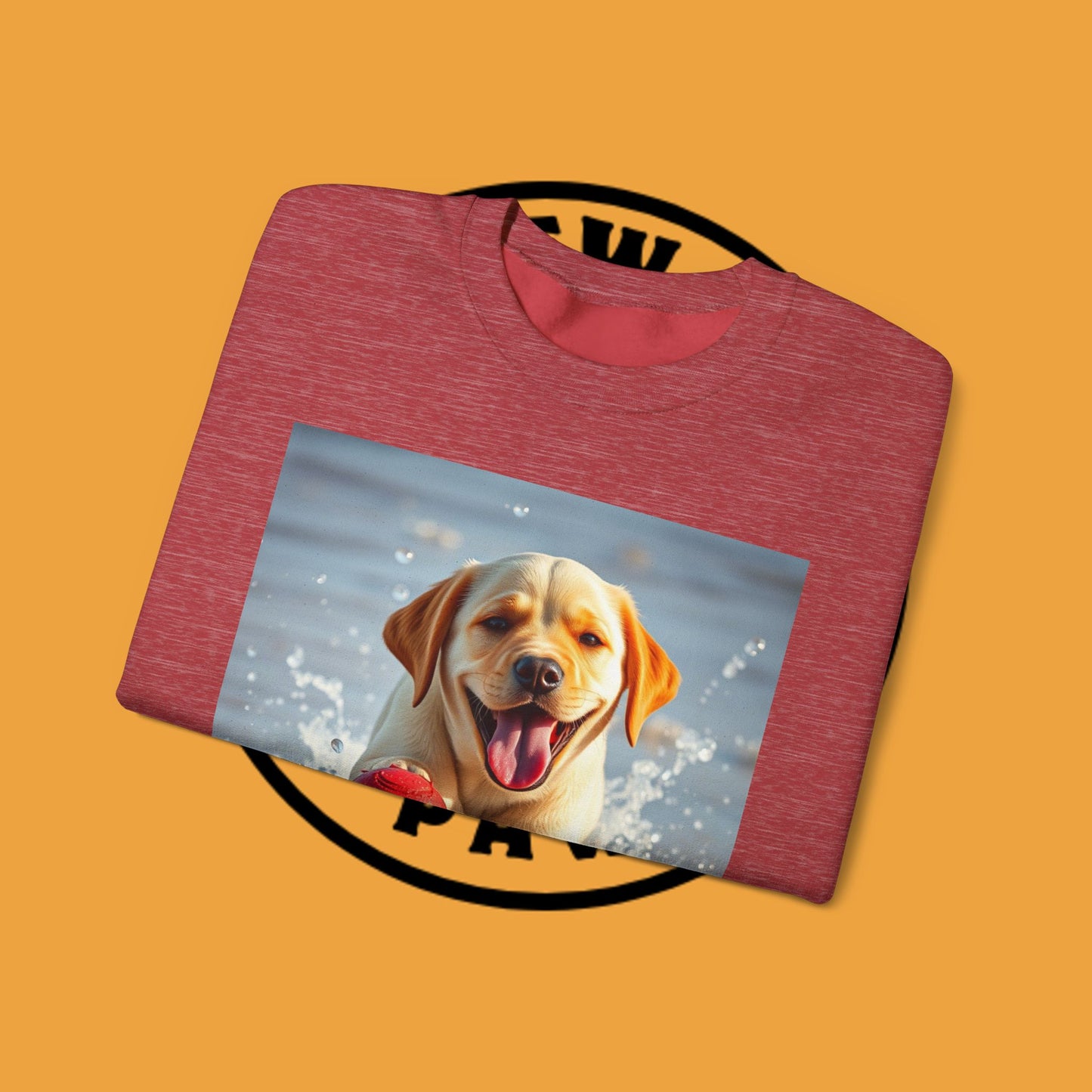 Unisex Dog Lover Crewneck Sweatshirt Labrador Puppy Playing with a Ball on the Beach - Photo of a Happy Dog Running in the Water