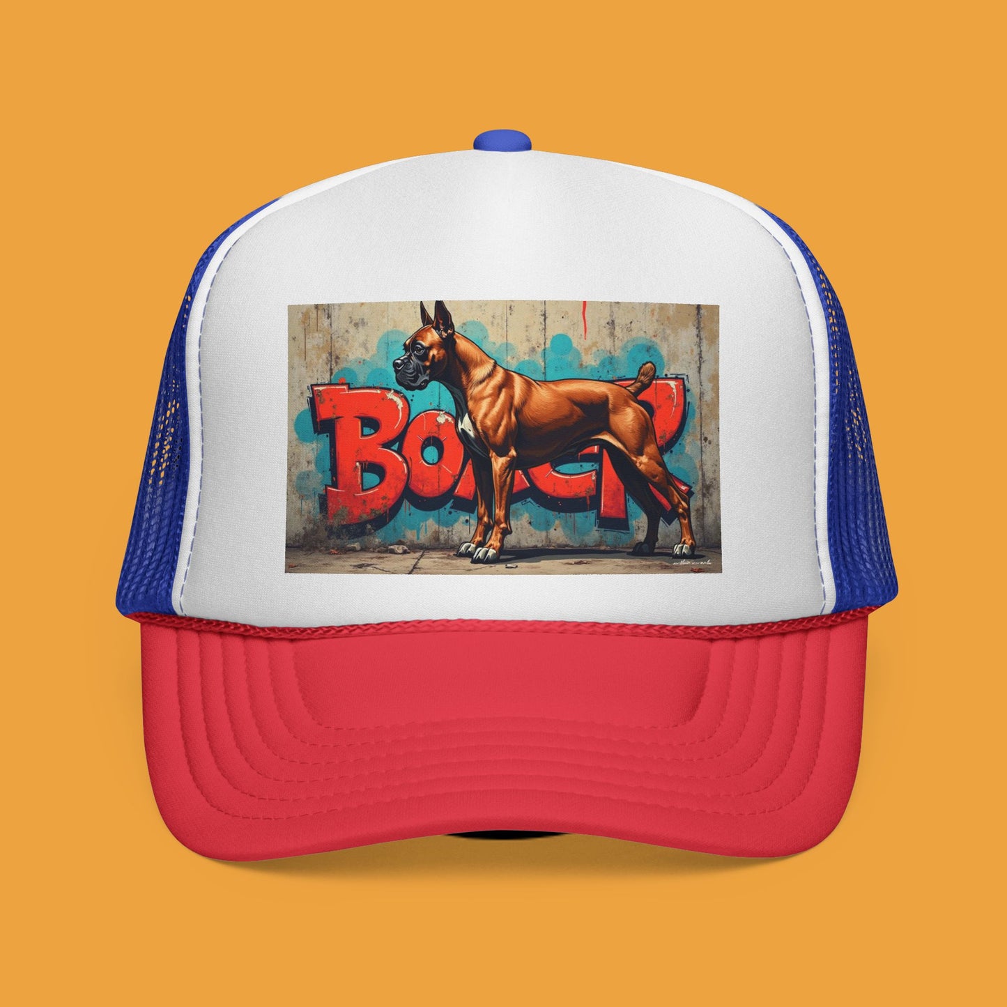 "Graffiti Boxer Dog Trucker Cap - Urban Street Art Design | Hip Hop Style Snapback Hat | Street Culture Baseball Cap"