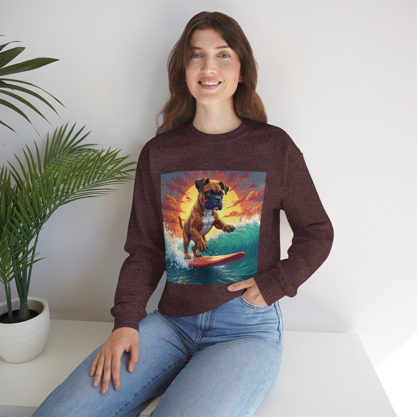Surfing Boxer Dog Crewneck Sweatshirt | Funny Beach Surfer Gift | Epic Wave Riding Pup Design