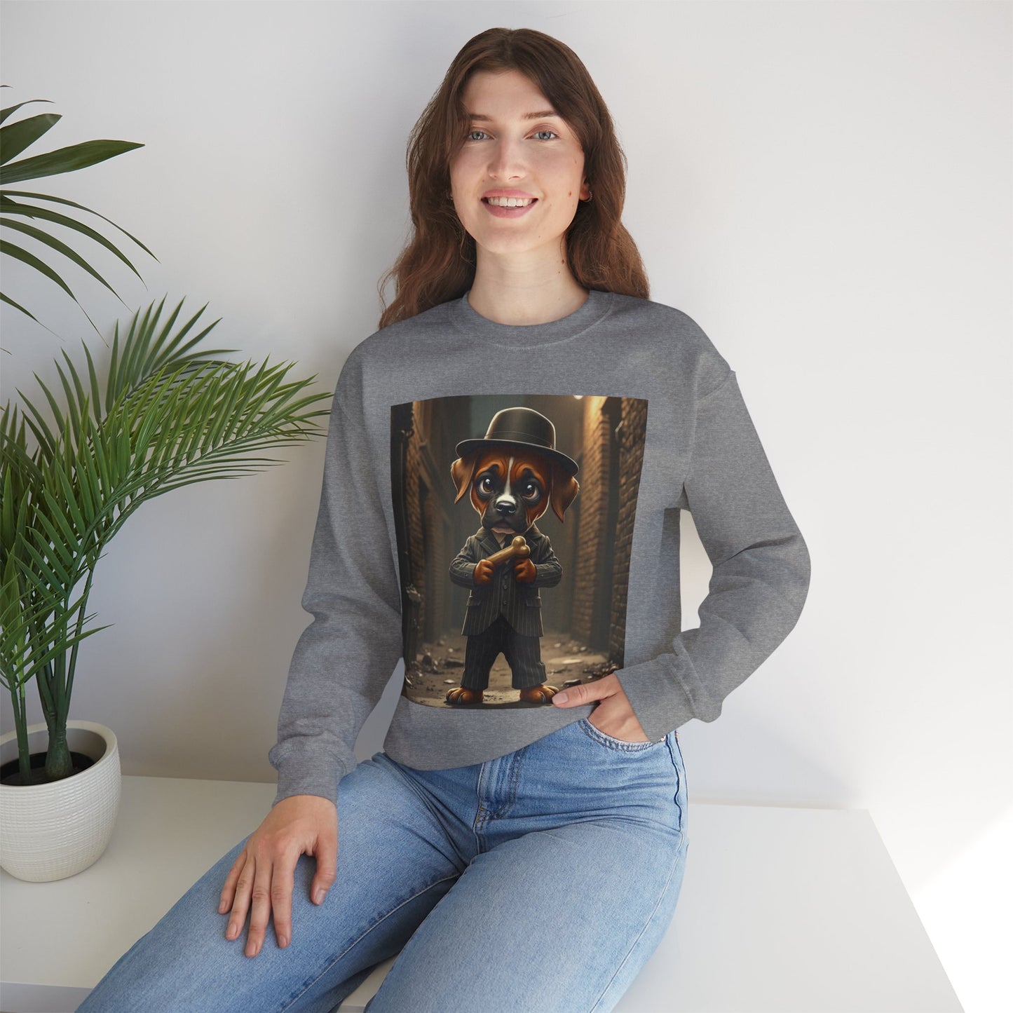 Gangster Puppy Fedora Crewneck Sweatshirt - Vintage Dog Boss Design - Retro Pet Lover Style