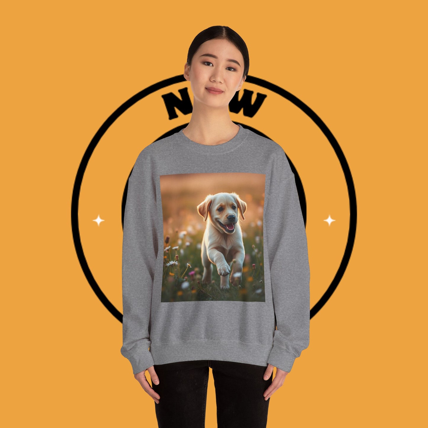 Unisex Dog Lover Crewneck Sweatshirt - Playful Labrador Puppy Running Through Wildflower Meadow