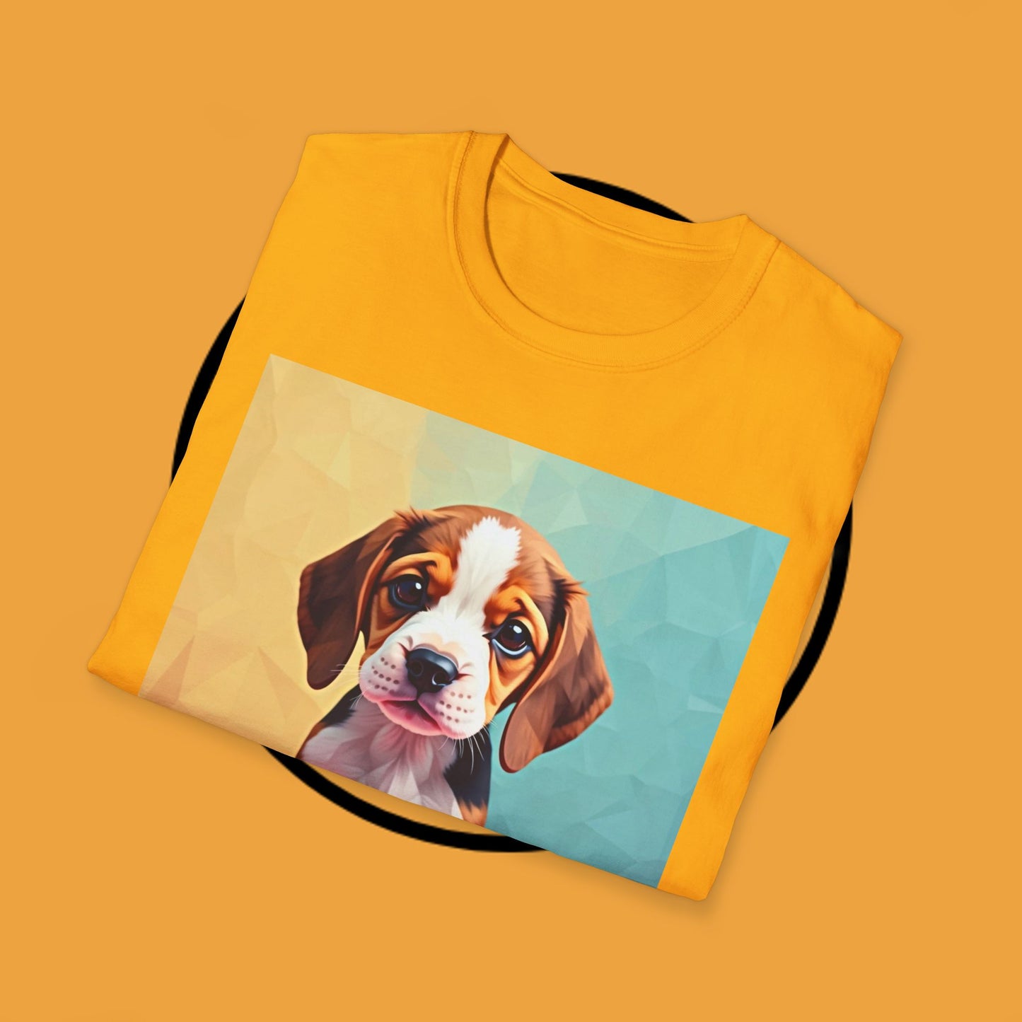 Modern Art Beagle Puppy T-Shirt - Geometric Low Poly Dog Design with Rainbow Background