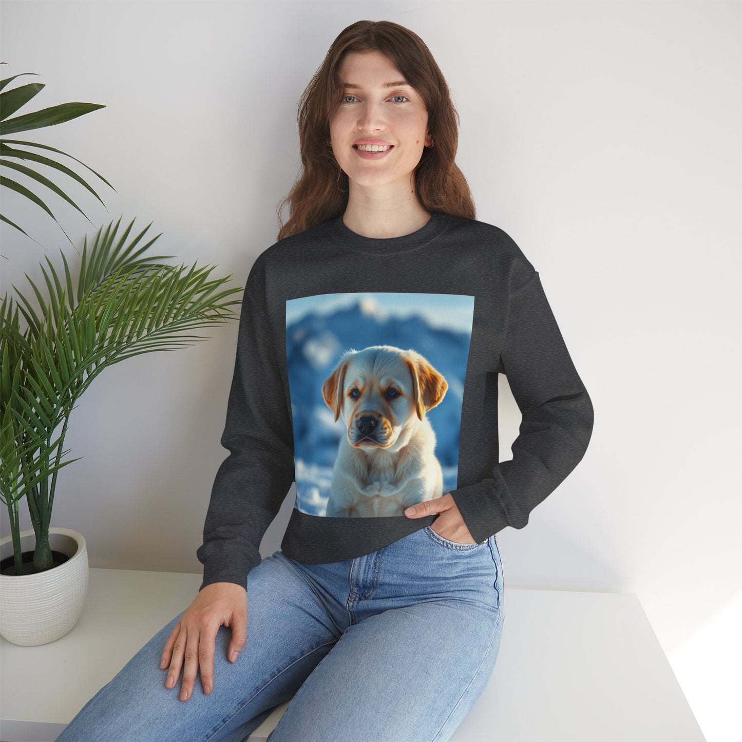 Crewneck Sweatshirt - Cute Labrador Puppy with Blue Eyes - Adorable Dog Portrait in Snow