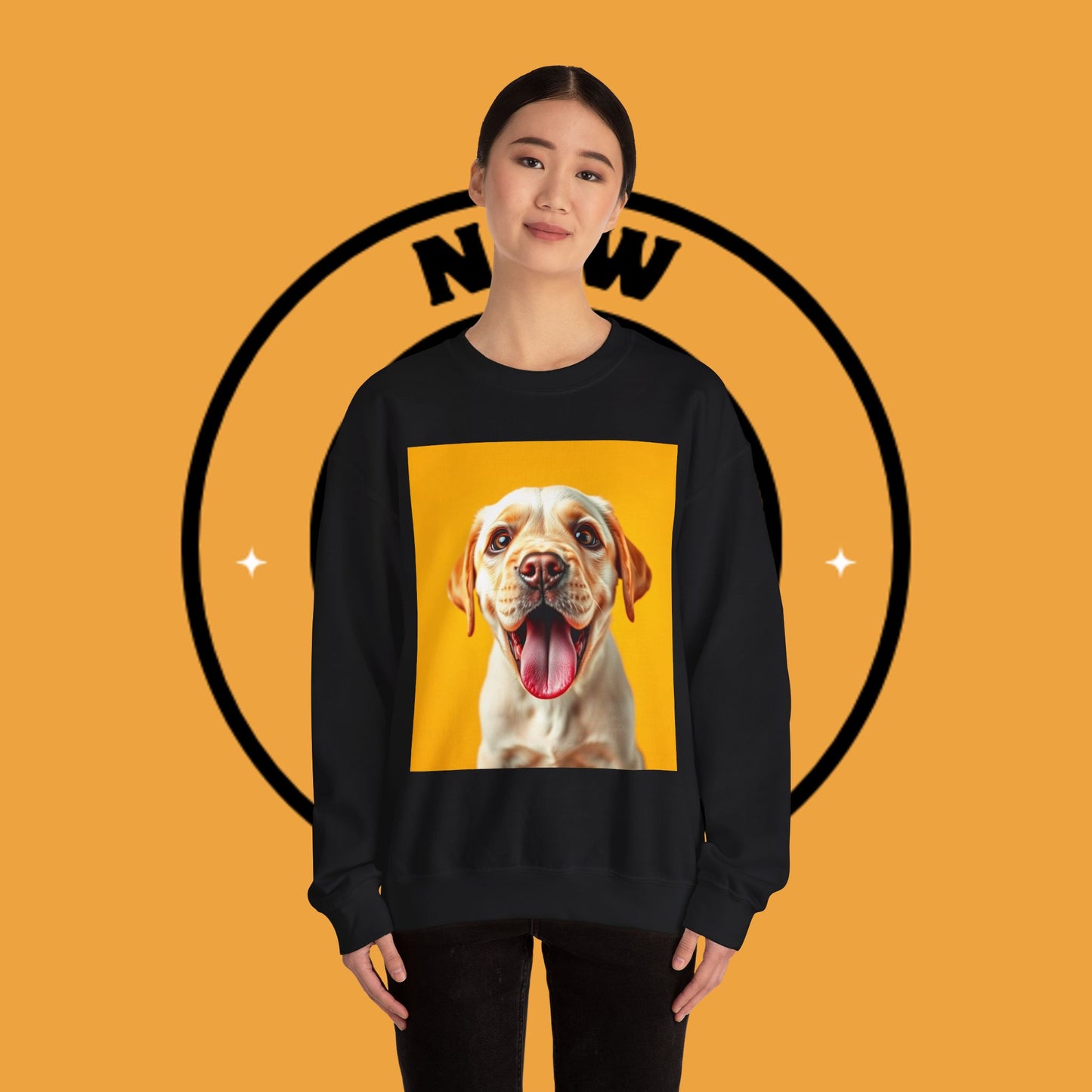 Unisex Dog Lover Crewneck Sweatshirt - Smiling Yellow Lab on vibrant yellow background