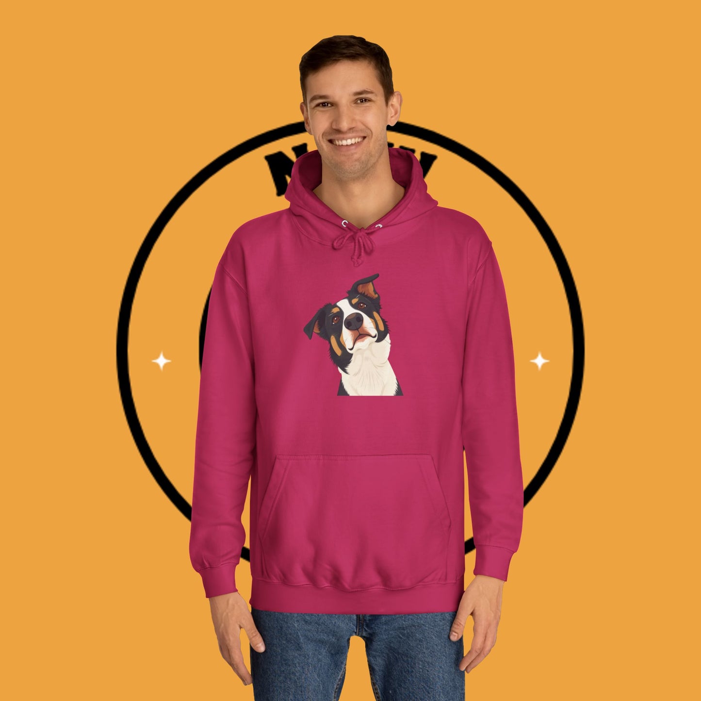"Happy Border Collie Hoodie - Playful Cartoon Dog with Tilted Head Design | Cute Animal Streetwear"